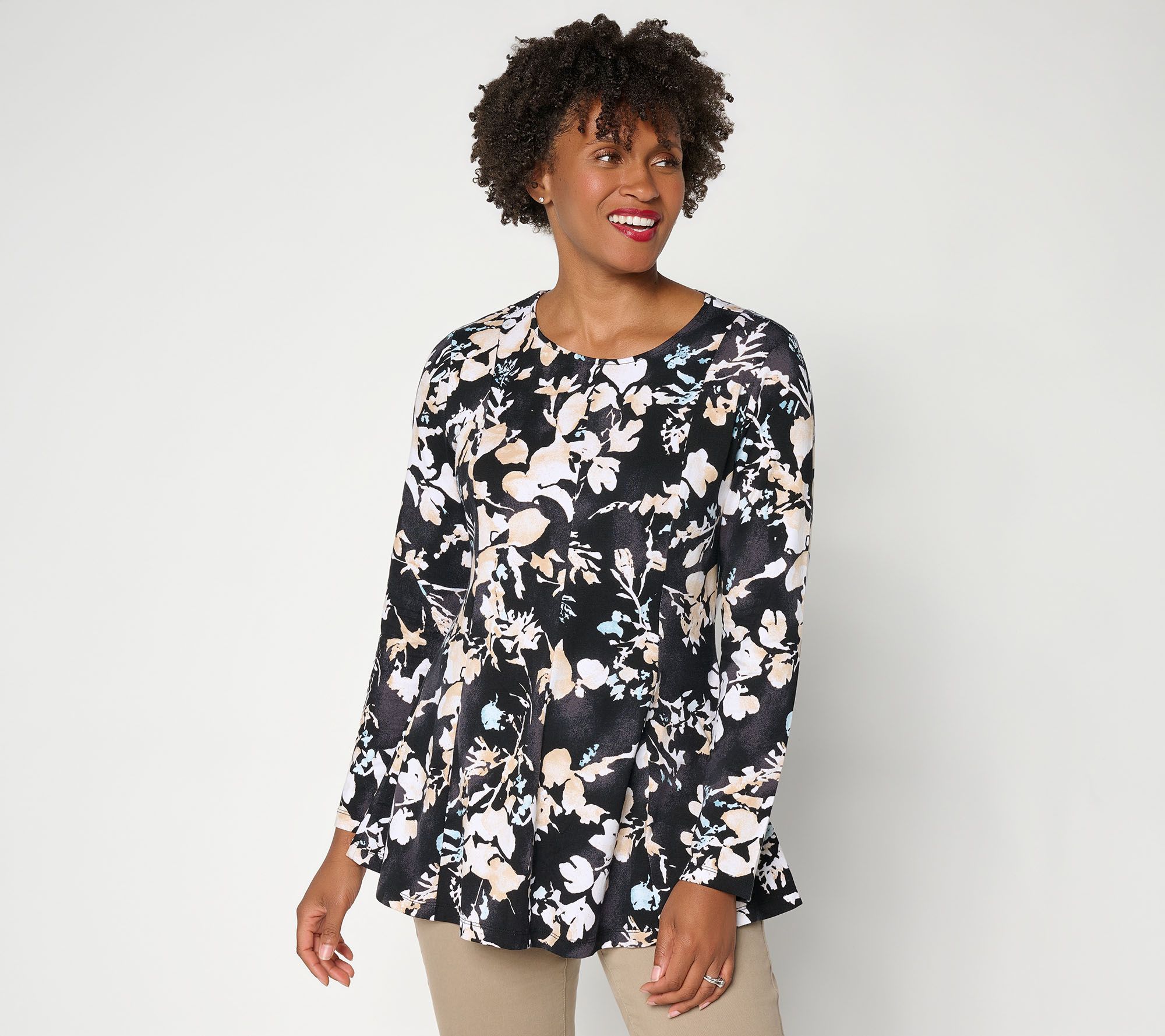 Denim & Co. Petite Favorite Jersey Fit & Flare Printed Tunic