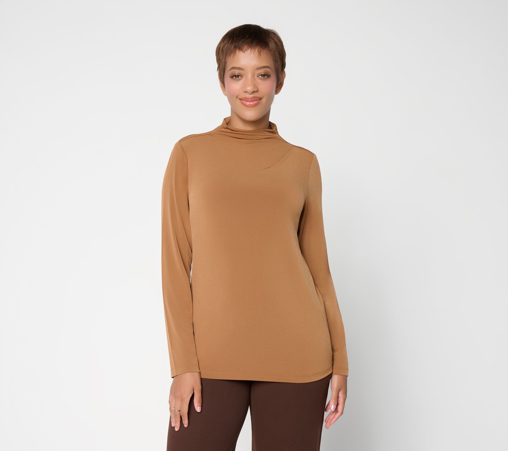 Susan Graver Pet Liquid Knit Draped Mock Neck Long Sleeve Top
