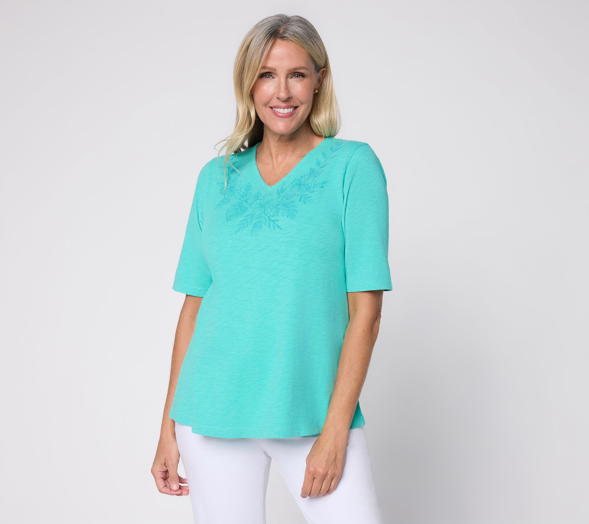 "As Is" Denim & Co. Embroidered Slub Jersey V-Neck Swing Top