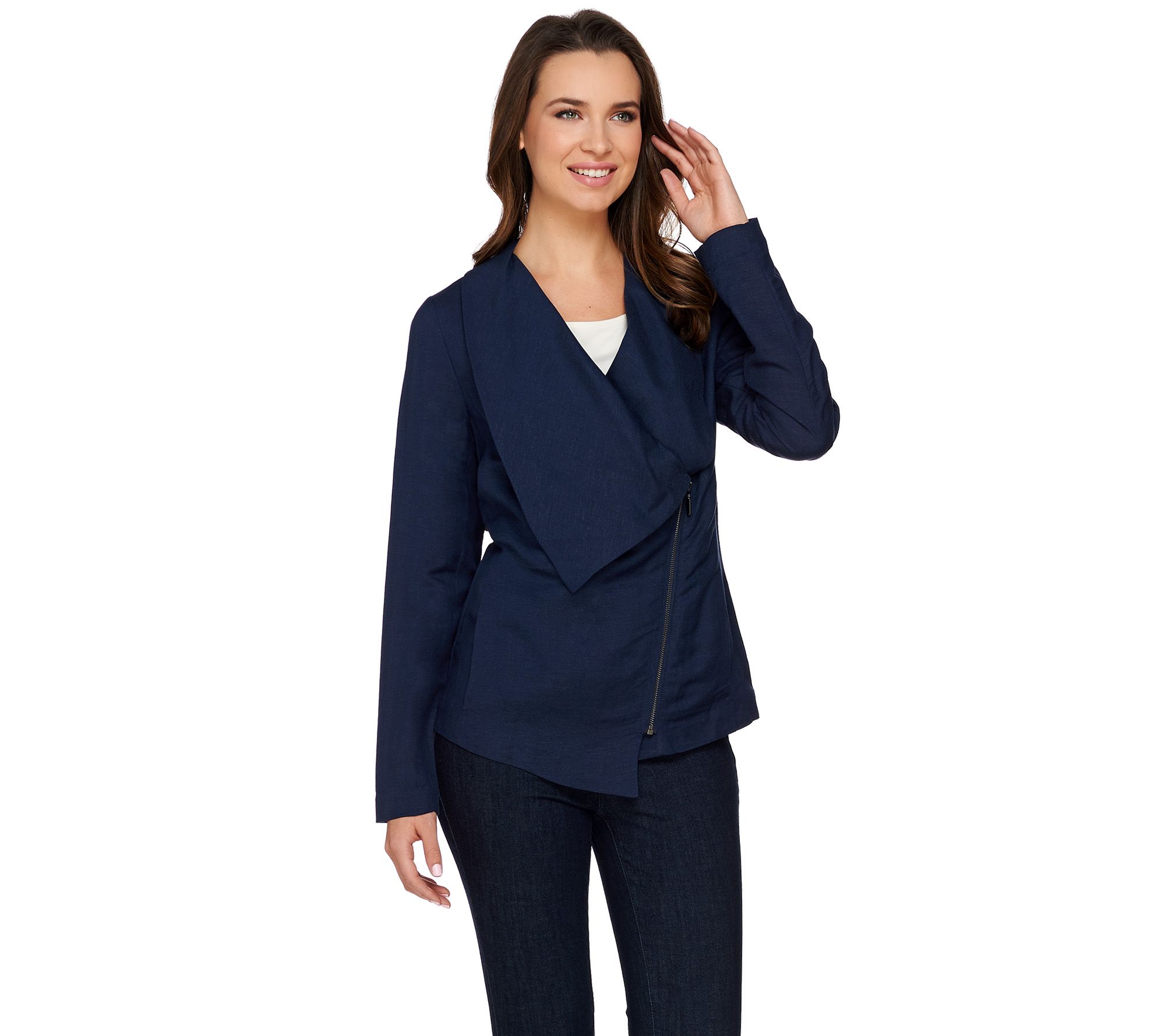 H by Halston Draped Zip Front Linen Blend Blazer - QVC.com