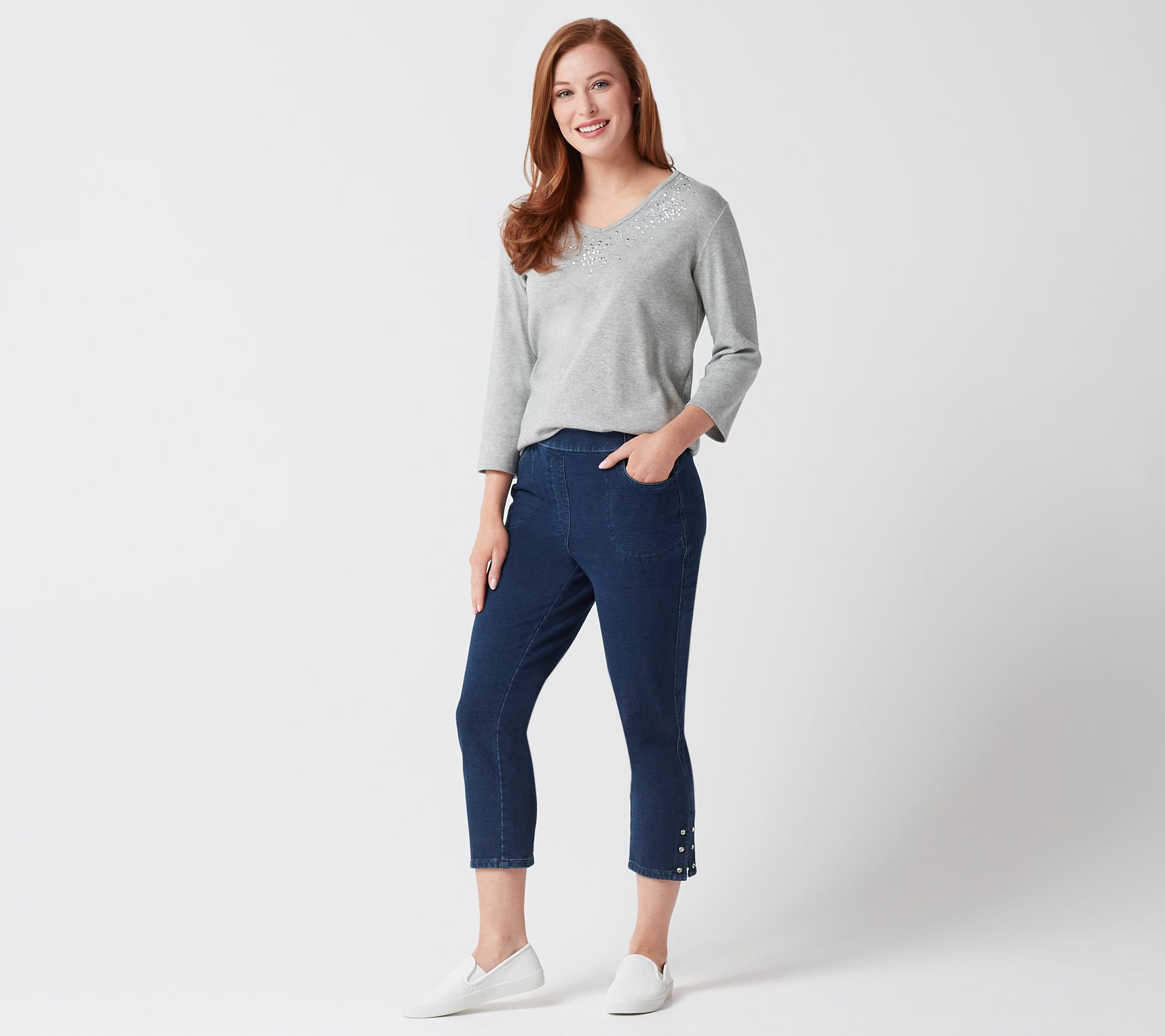 Quacker Factory DreamJeannes Pull-On Crop Pants with Bling Stones - QVC.com