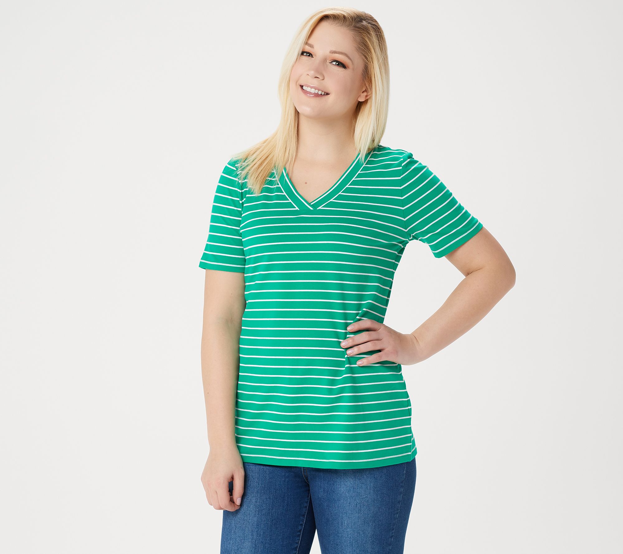 Denim & Co. Essentials Striped Perfect Jersey Short- Sleeve Top - QVC.com