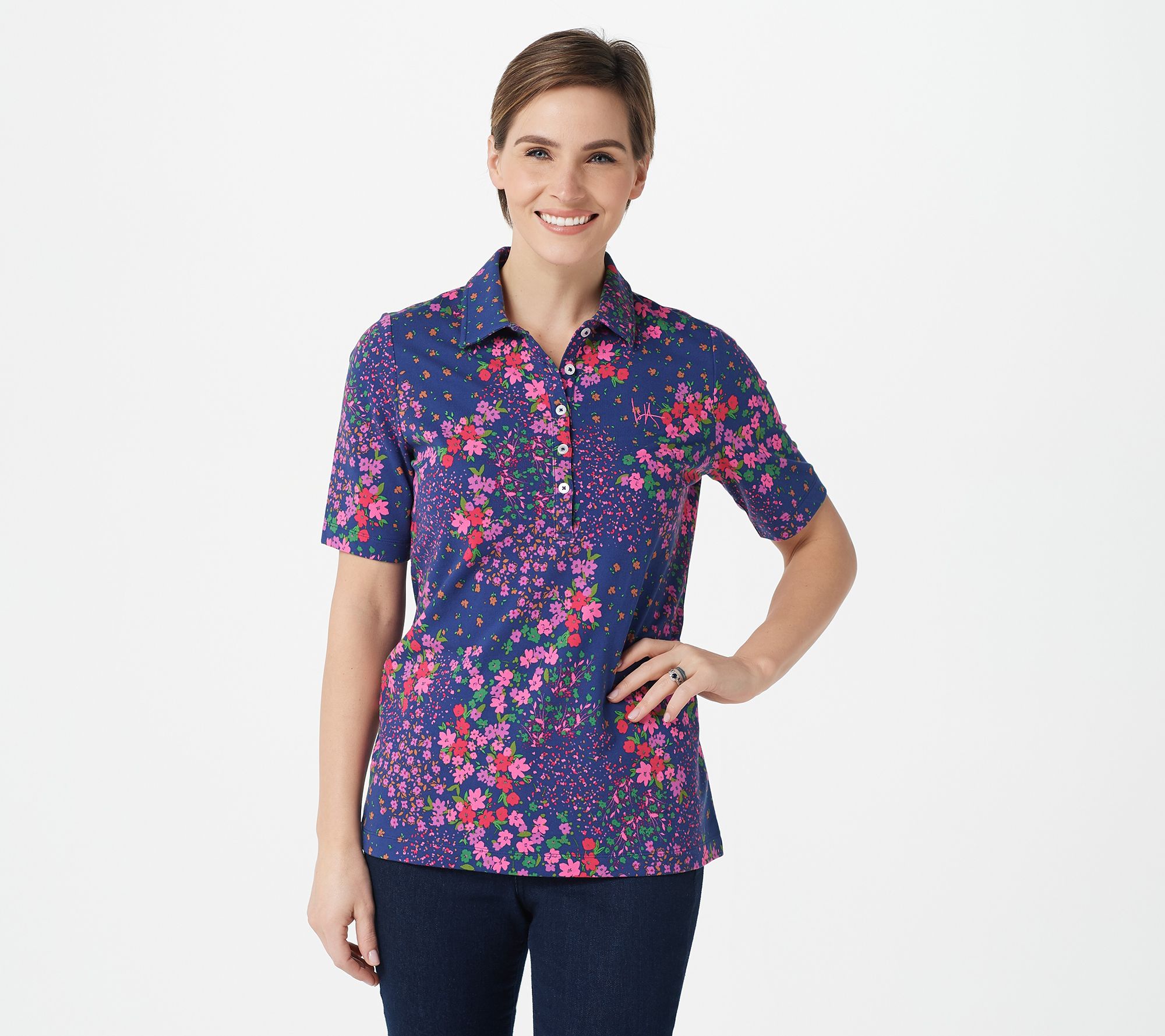 Isaac Mizrahi Live! Printed Pique Polo with Above-Elbow Sleeves - QVC.com