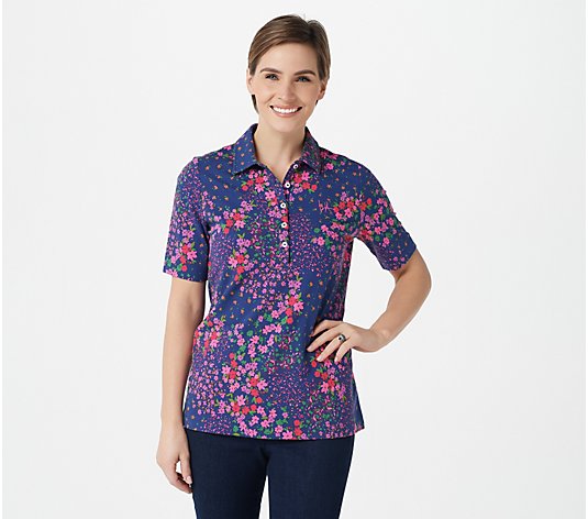 Isaac Mizrahi Live! Printed Pique Polo with Above-Elbow Sleeves
