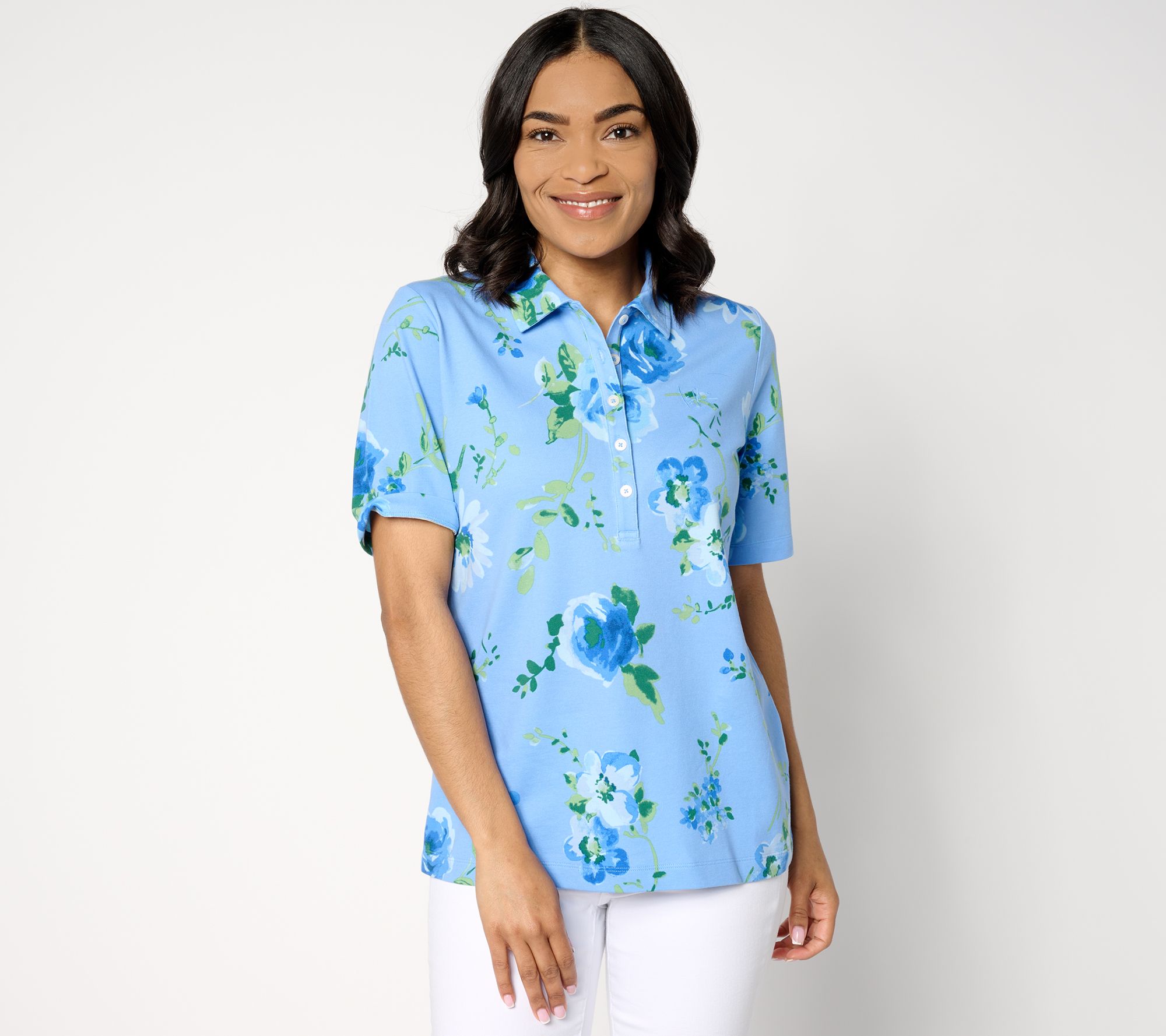 Isaac Mizrahi Live! Printed Pique Polo with Above-Elbow Sleeves