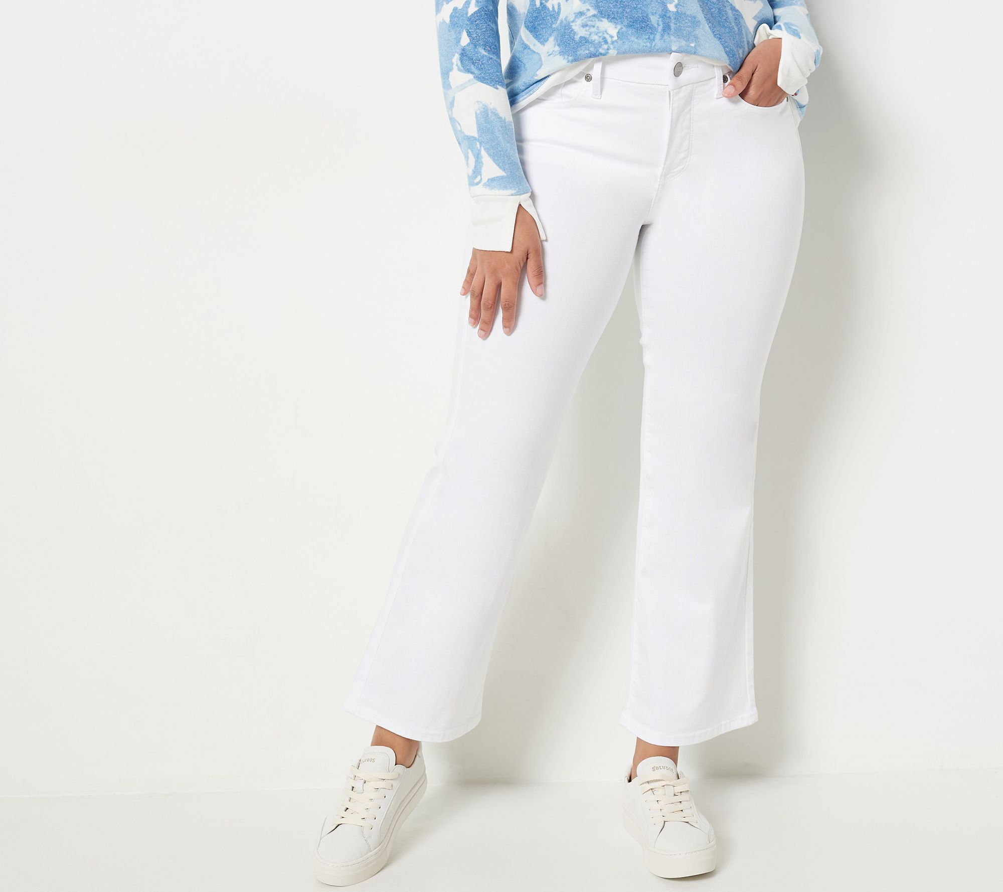 NYDJ Patchie Waist Match Relaxed Flare Ankle Jeans- Optic White - QVC.com