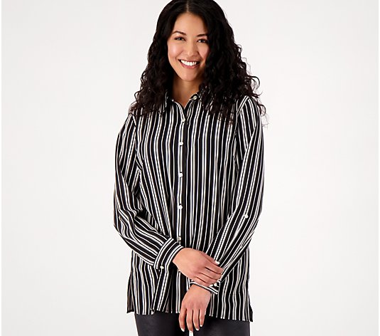Susan Graver Stretch Woven Button Front Shirt with Pockets