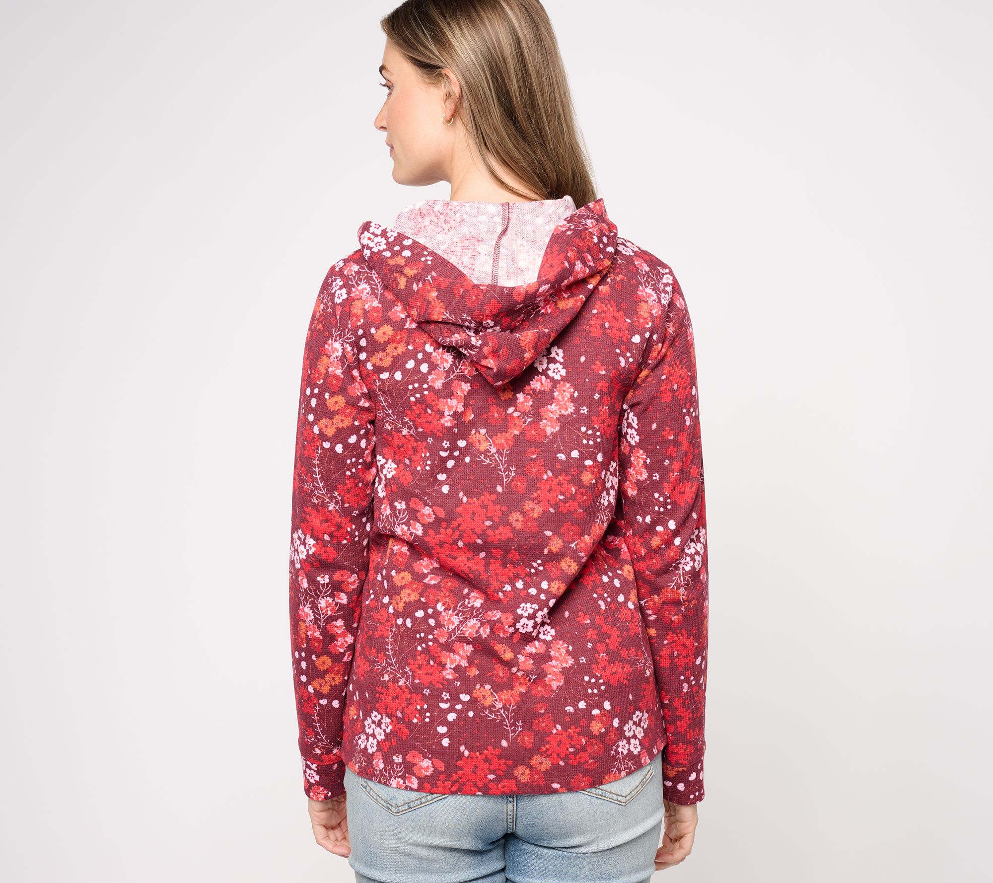 Denim & Co. Regular Printed Waffle Knit Hooded Long Sleeve Top - QVC.com