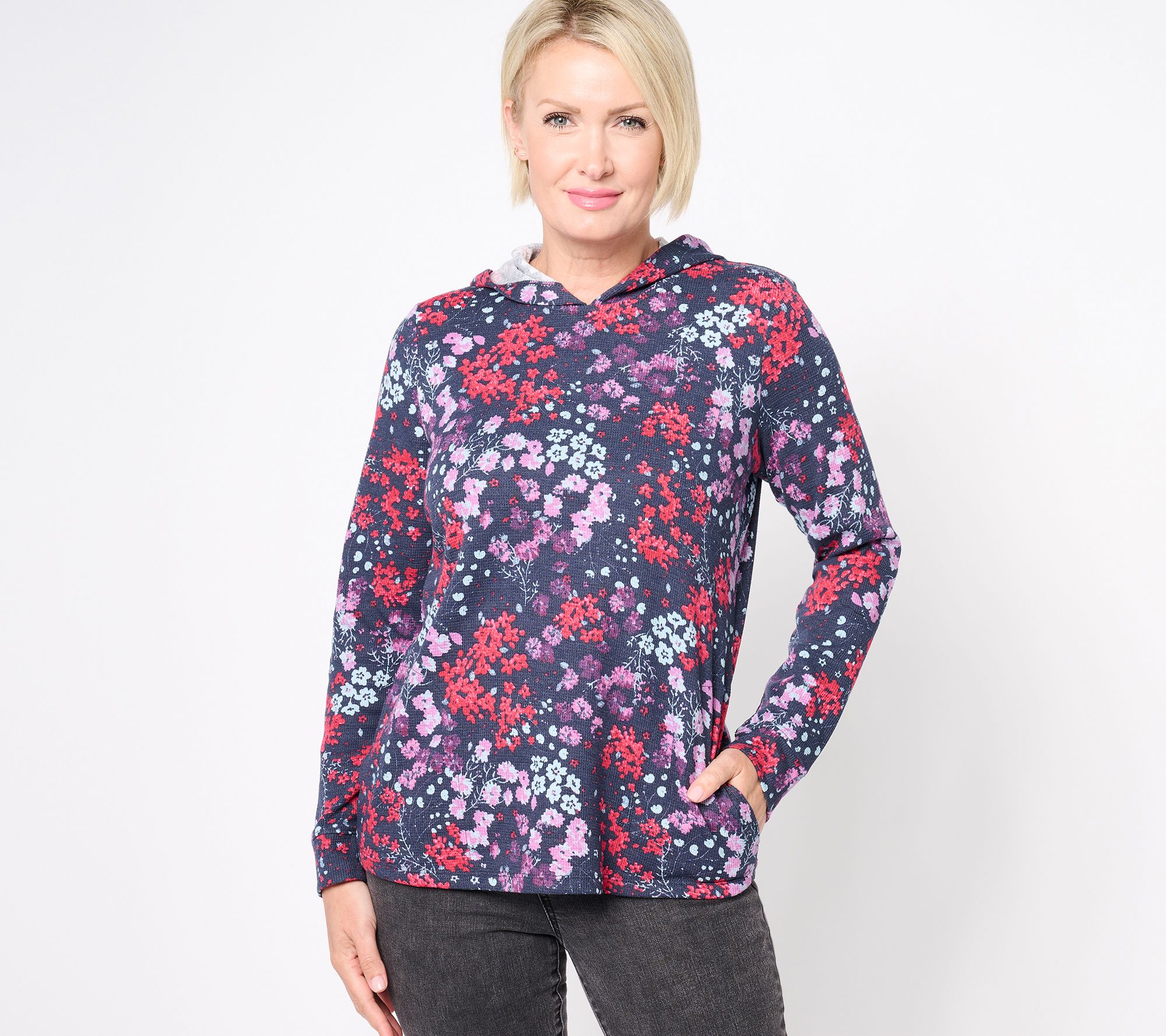 Denim & Co. Regular Printed Waffle Knit Hooded Long Sleeve Top