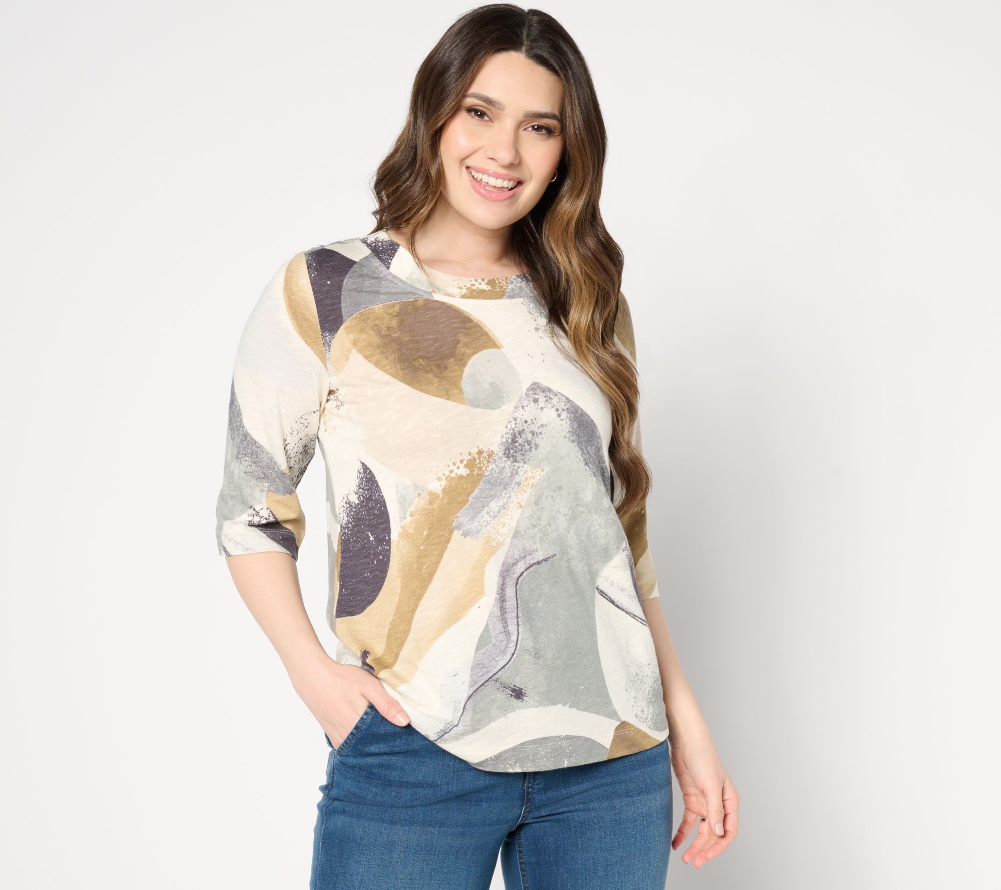 Denim & Co. Naturals Linen Blend Ballet Sleeve Printed Top