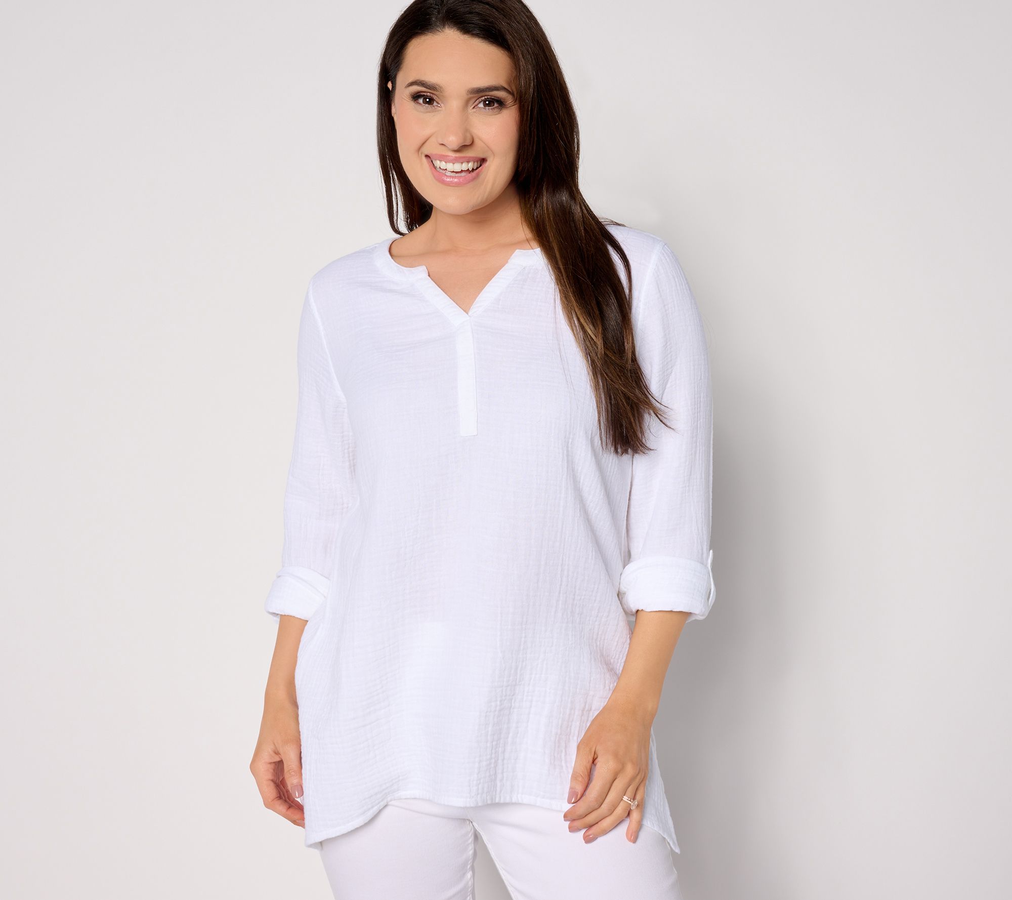 Susan Graver PURE Petite Cotton Gauze Split-Neck Tunic