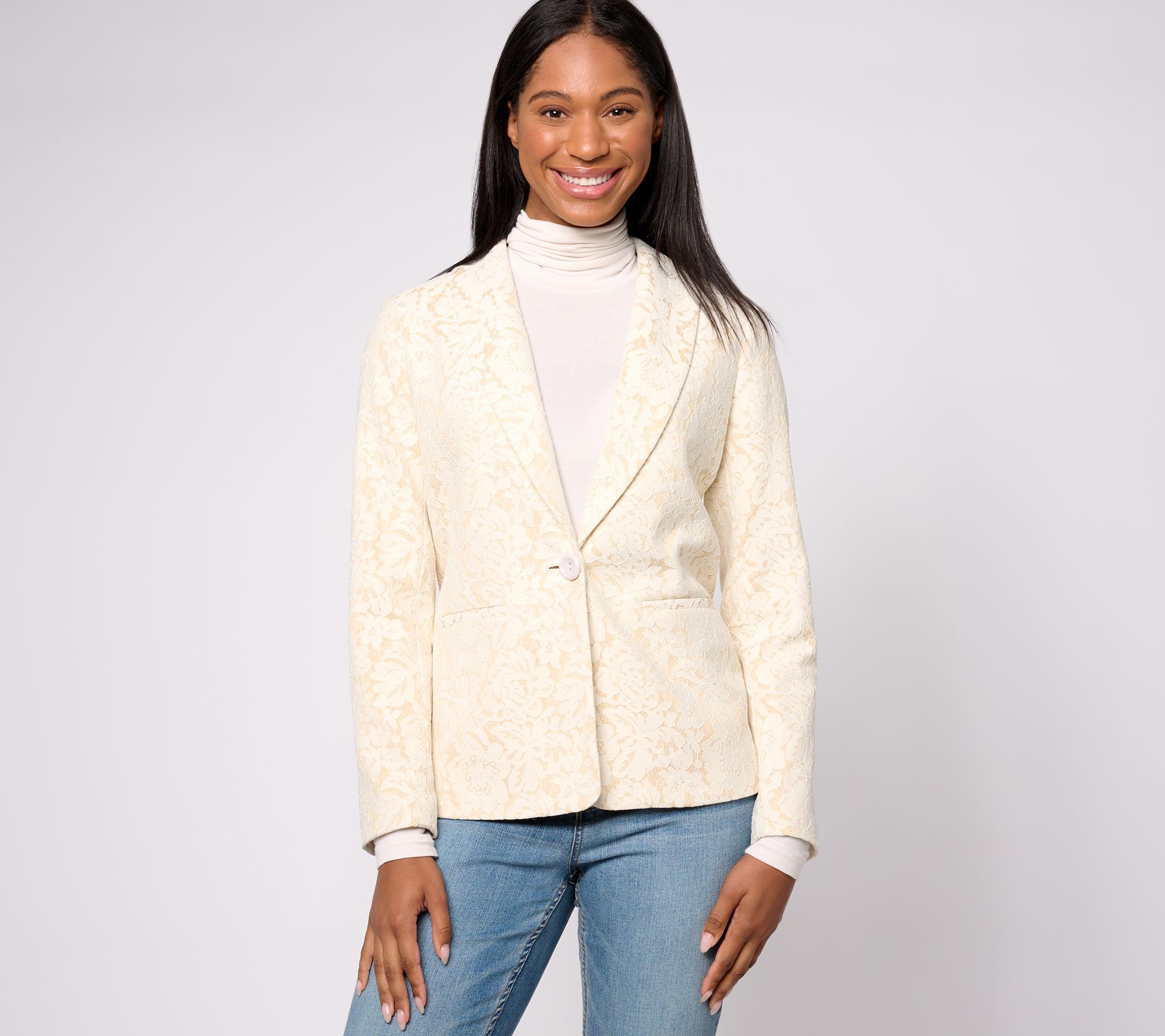 "As Is" Occasions Susan Graver Reg Lace Fusion Notch Collar Blazer