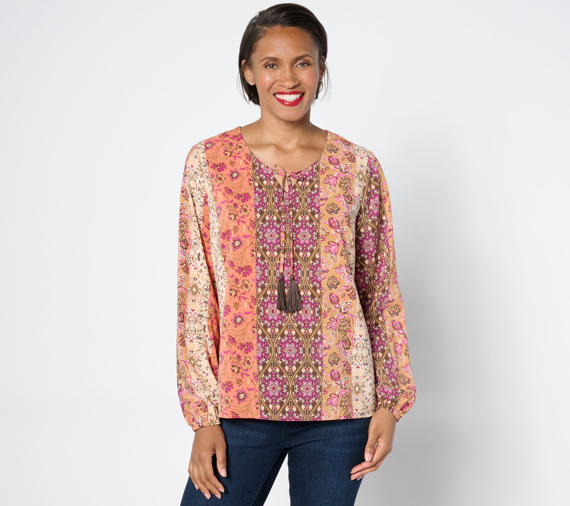 Denim & Co. Printed Long Sleeve Swing Top w/ Tassel