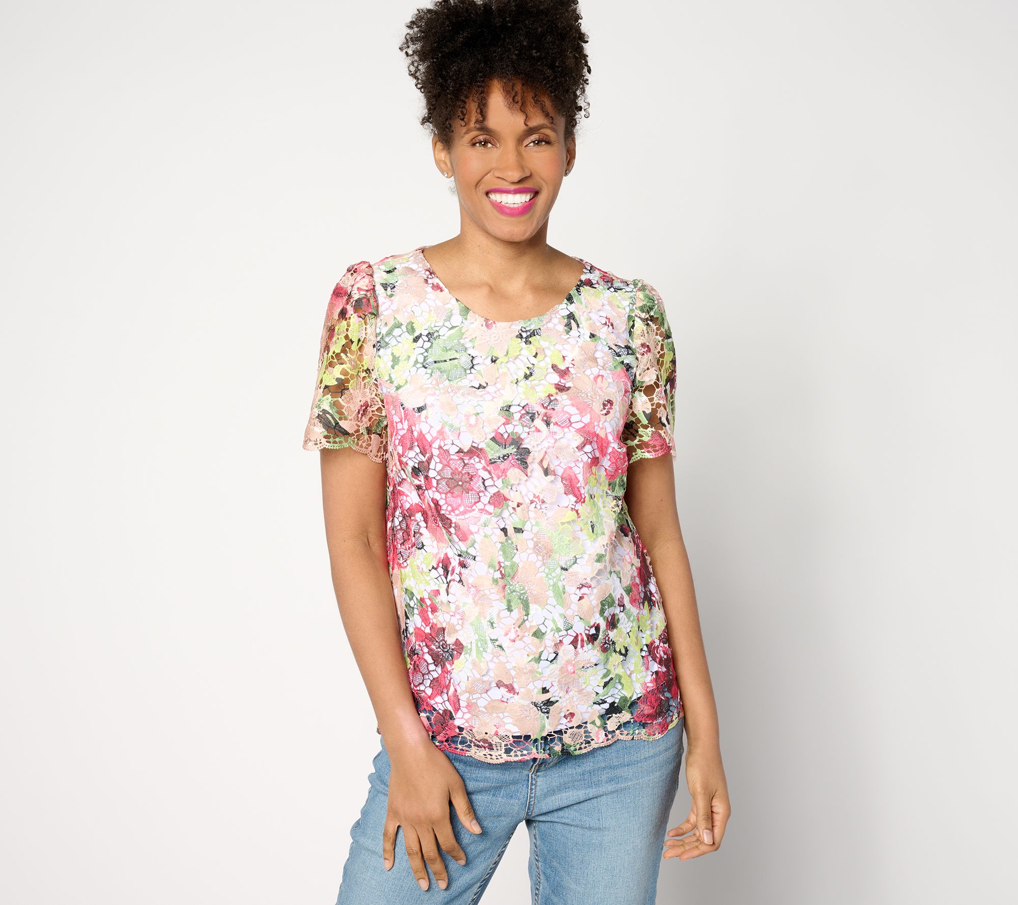 "As Is" Susan Graver Occasion Printed Lace Short Sleeve Top