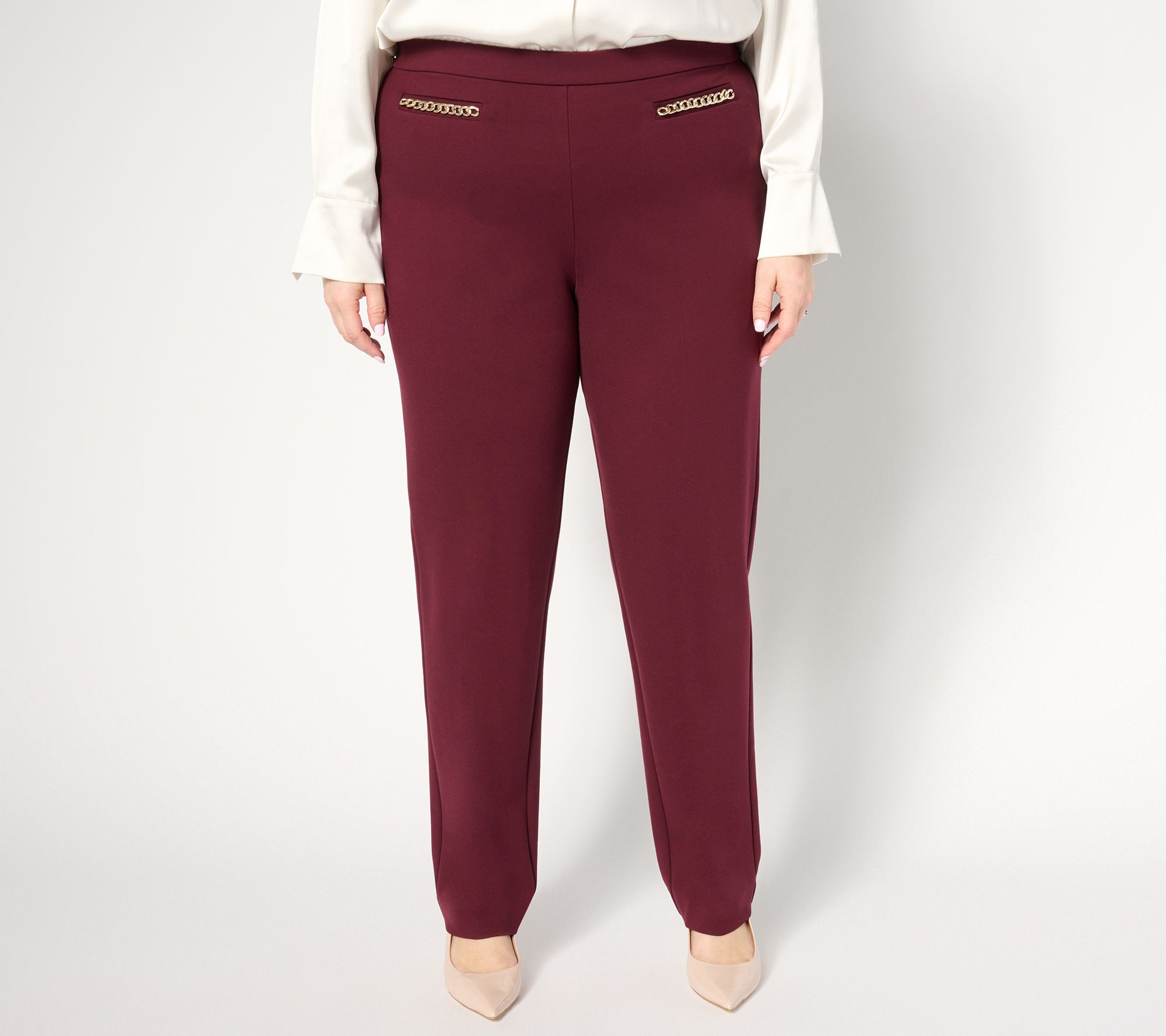 Susan Graver Petite Smart Ponte Slim-Leg Pull-On Pants w/ Chain Detail