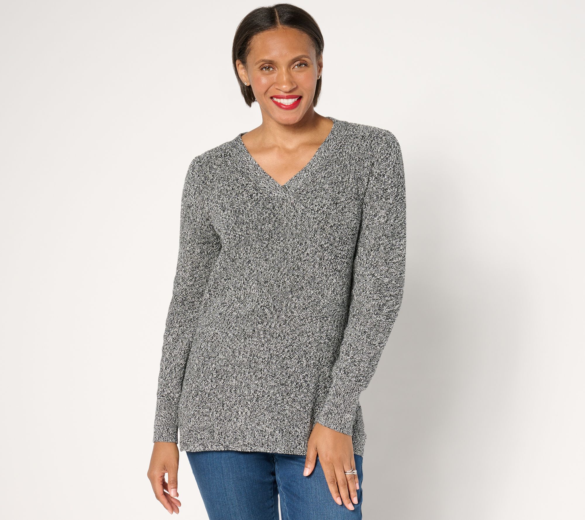 Belle by Kim Gravel Marled Puff Shoulder V-Neck Sweater