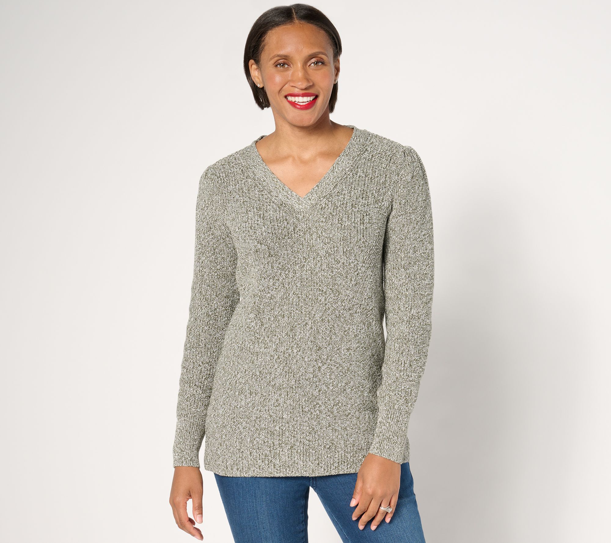 Belle by Kim Gravel Marled Puff Shoulder V-Neck Sweater
