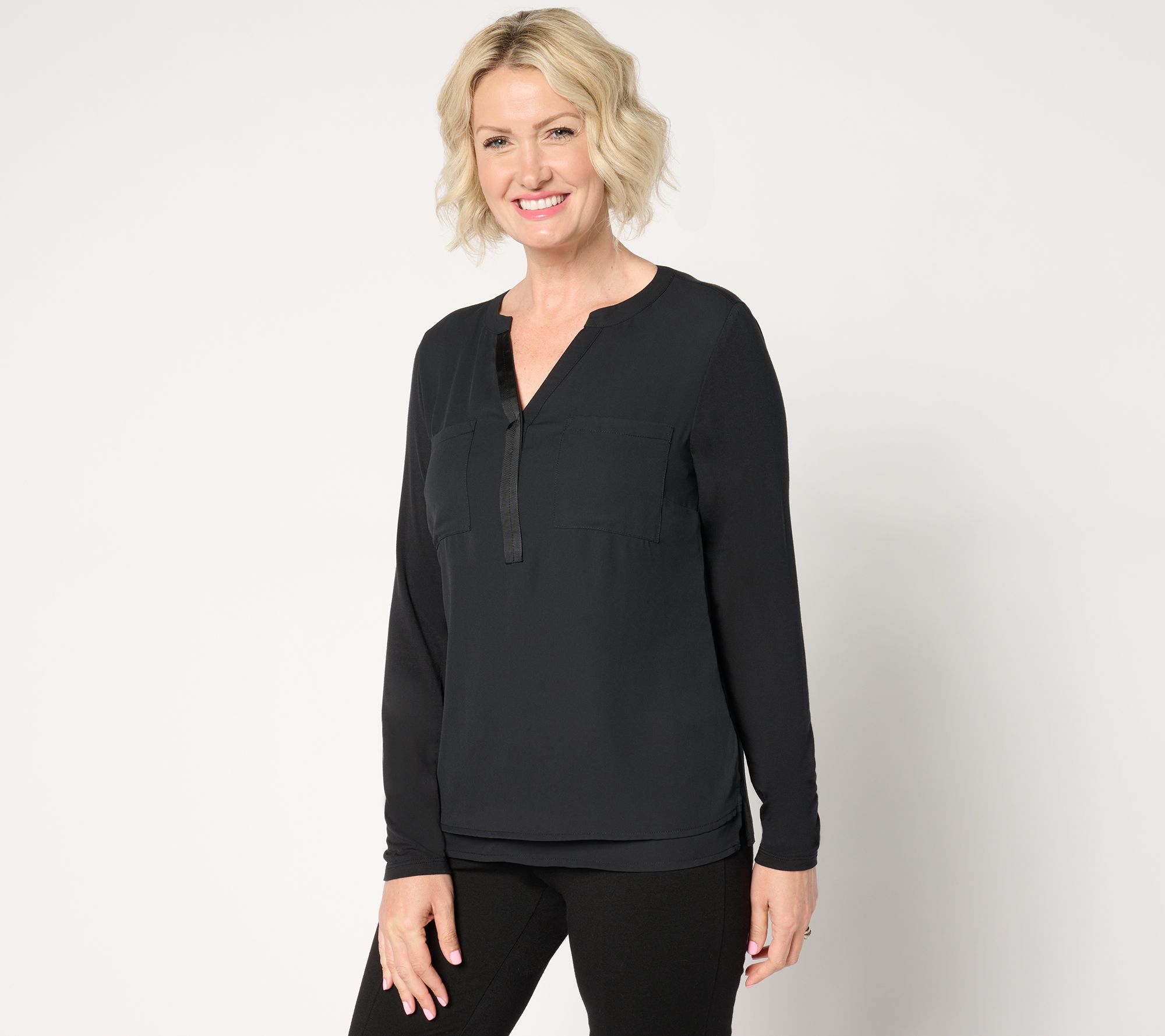 Joan Rivers Y-Neck Mixed Media Long Sleeve Top