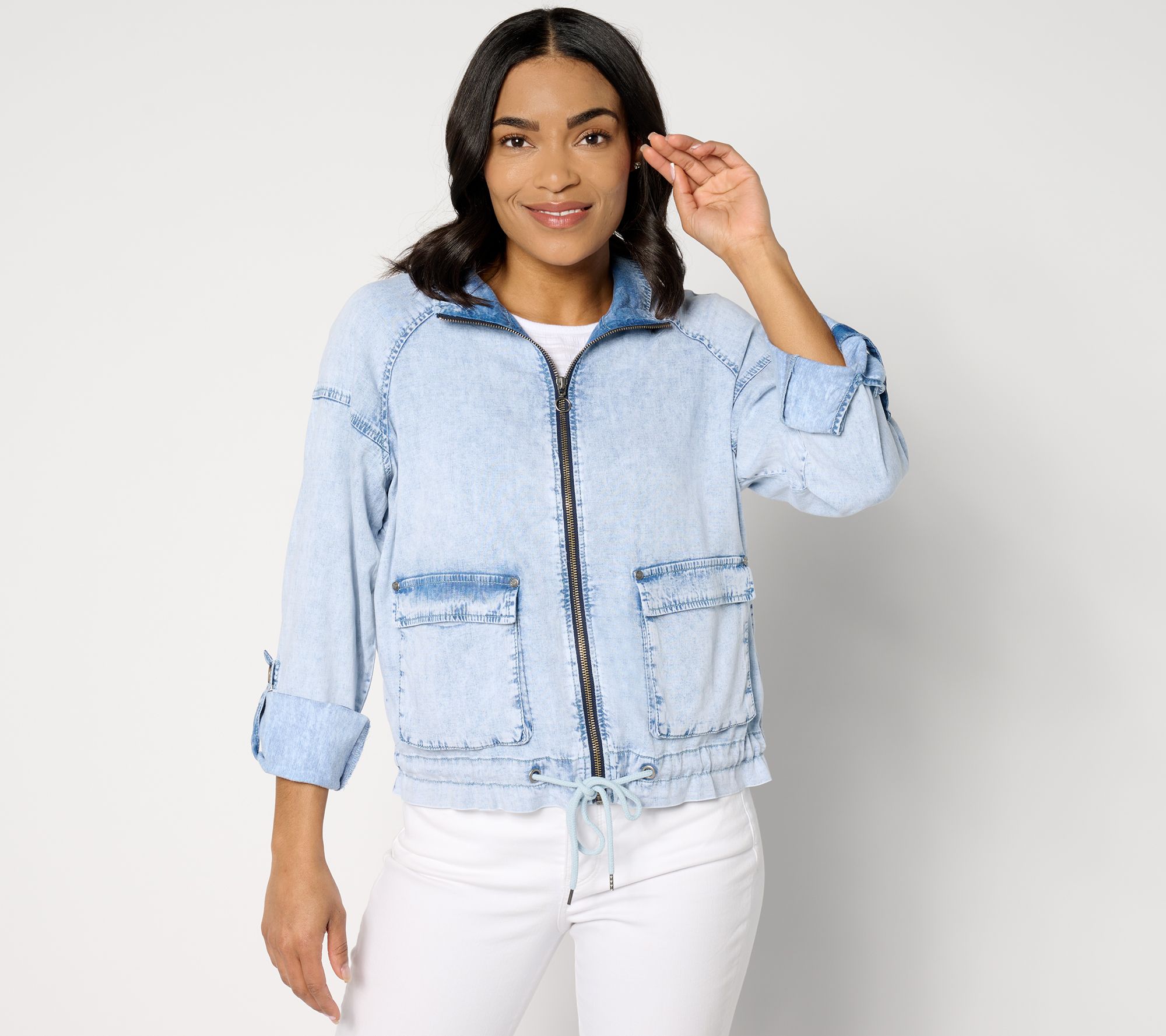 "As Is" AnyBody Drapey Denim Lightweight Jacket with Drawcord Hem