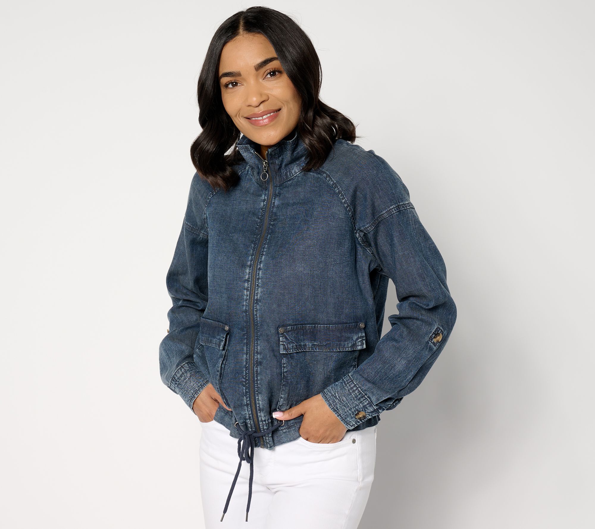 "As Is" AnyBody Drapey Denim Lightweight Jacket with Drawcord Hem