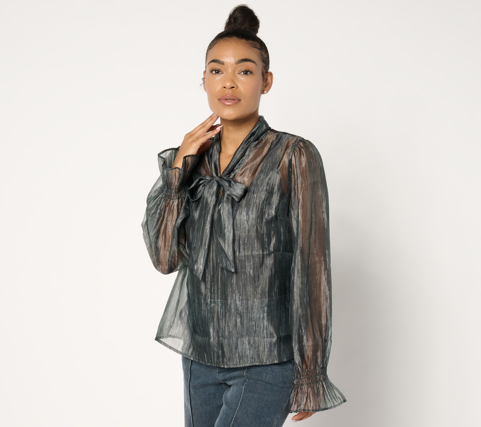 Me by Jennie Garth Tammy Woven Tie Neck Blouse