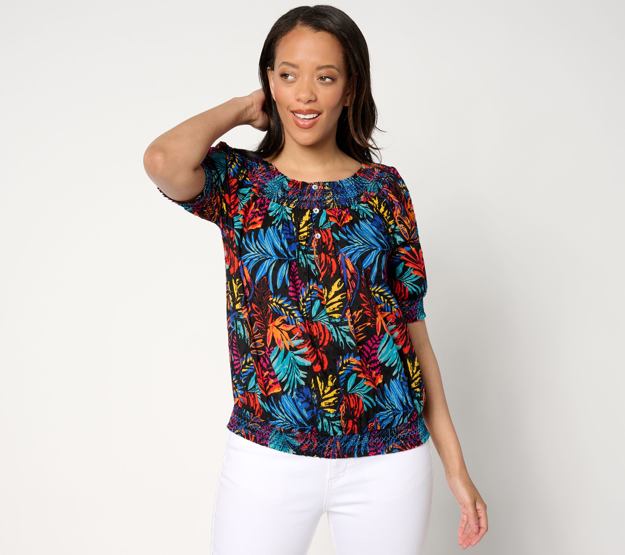 "As Is" Destination 365 Printed Clip Jacquard Top w/ Smocked Detail