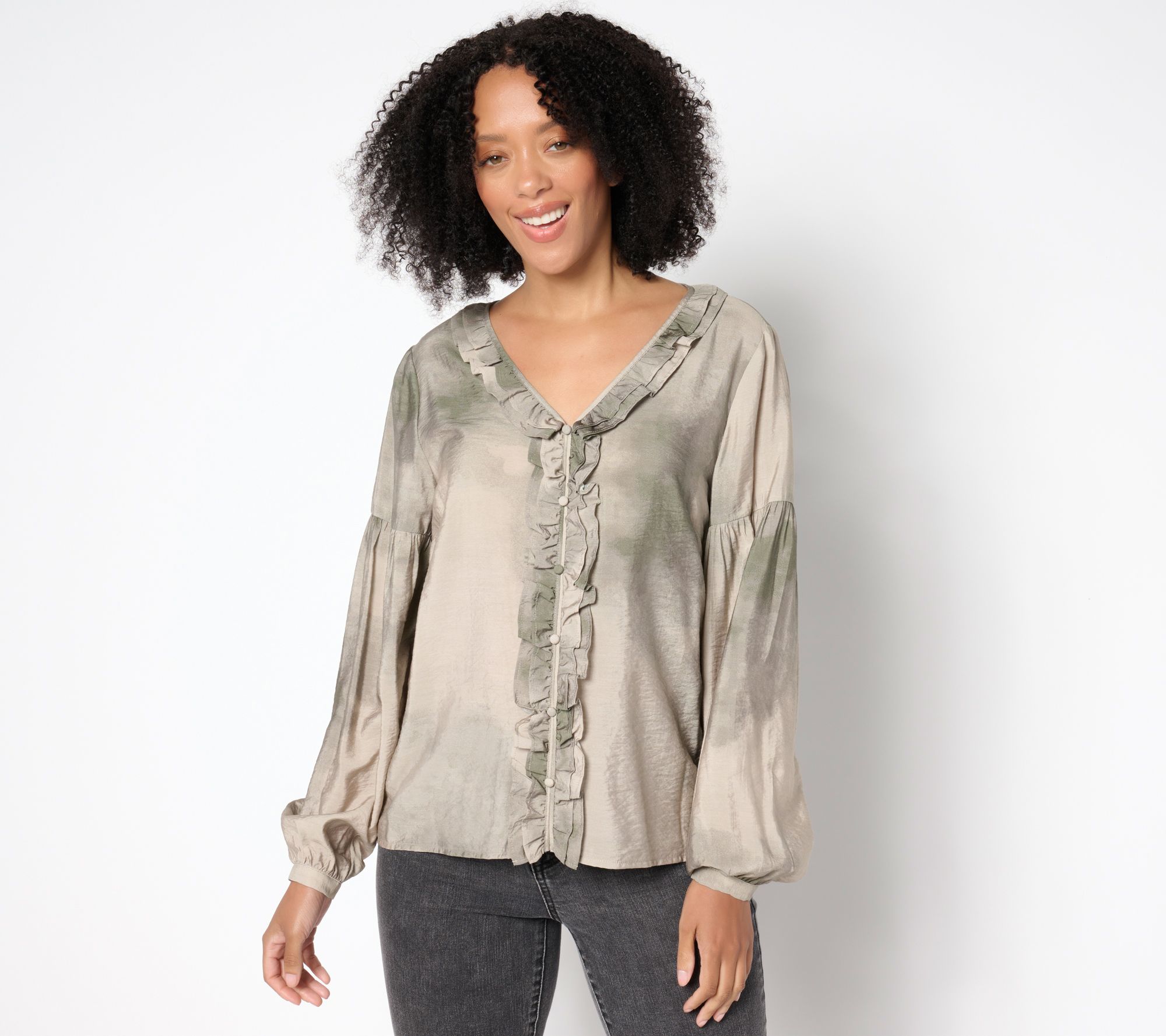 "As Is" Me by Jennie Garth Bodie Printed Blouse with Ruffle Neckline