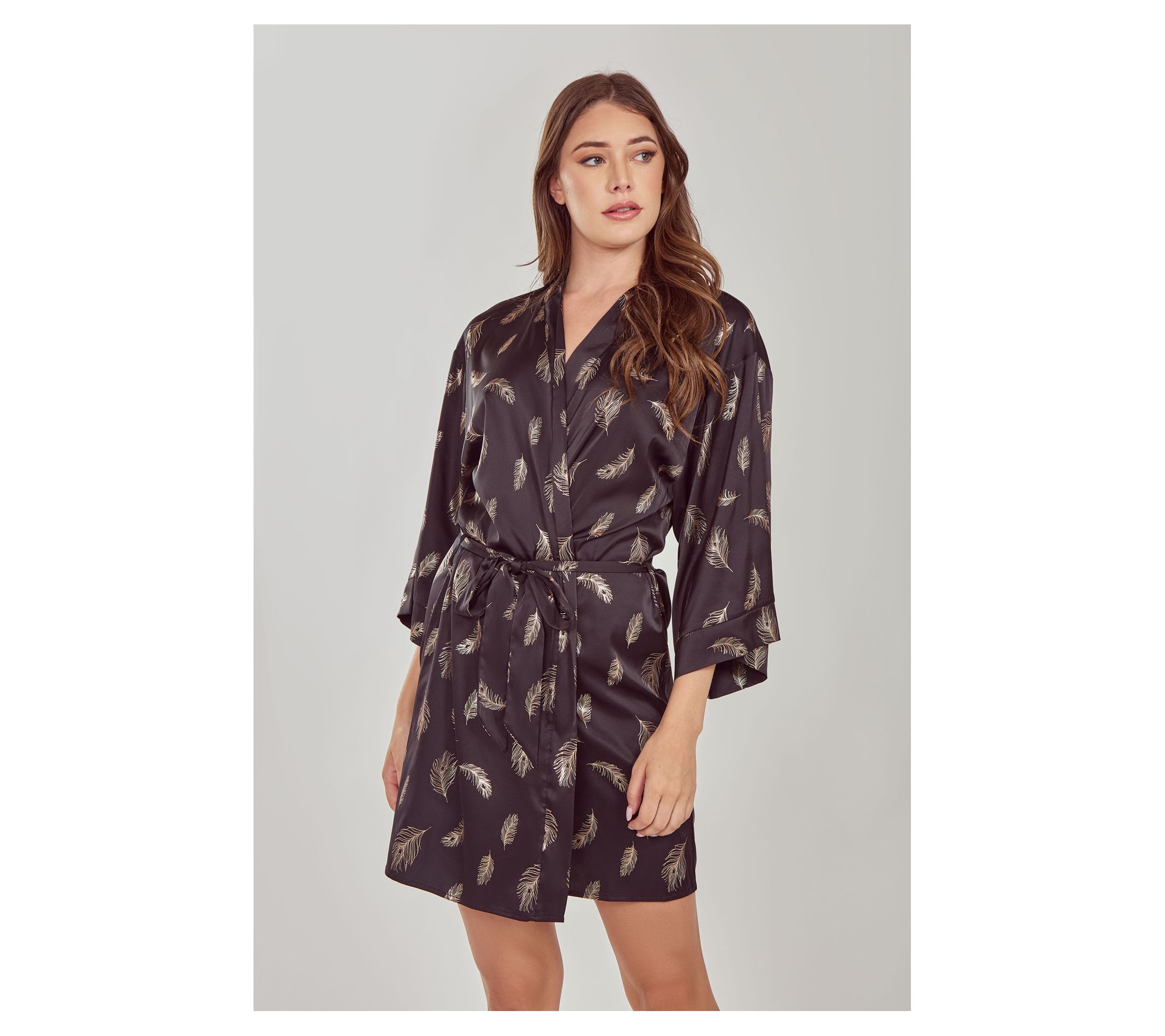 iCollection Foil Feather Print Short Tie-Waist Robe