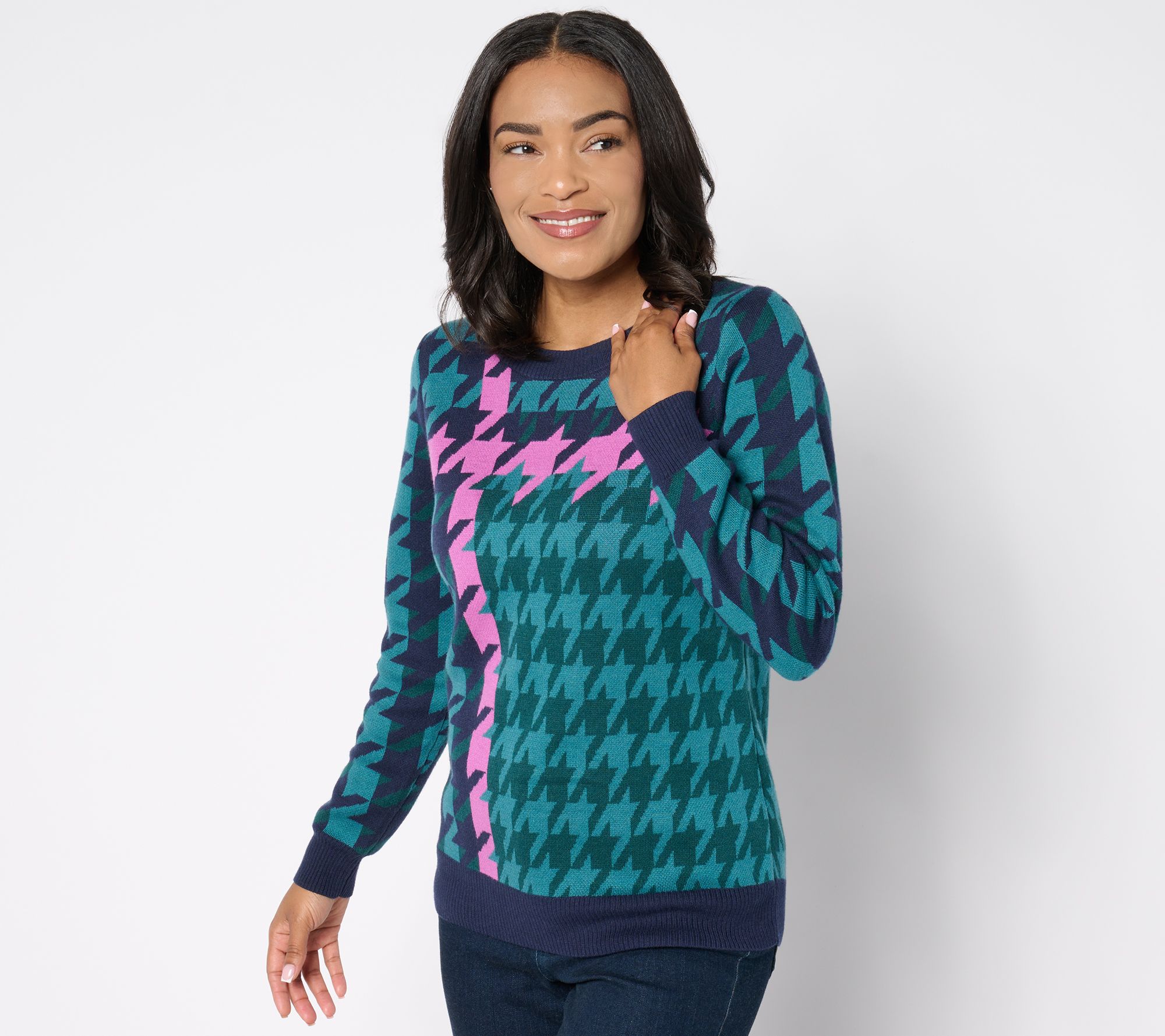 "As Is" Denim & Co. Signature Houndstooth Placed Jacquard Sweater