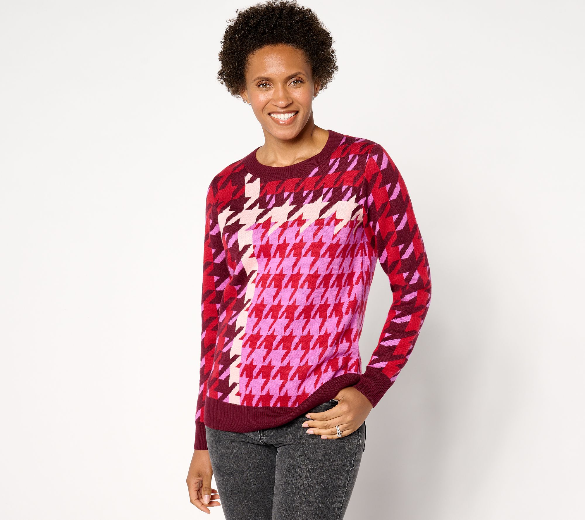 "As Is" Denim & Co. Signature Houndstooth Placed Jacquard Sweater