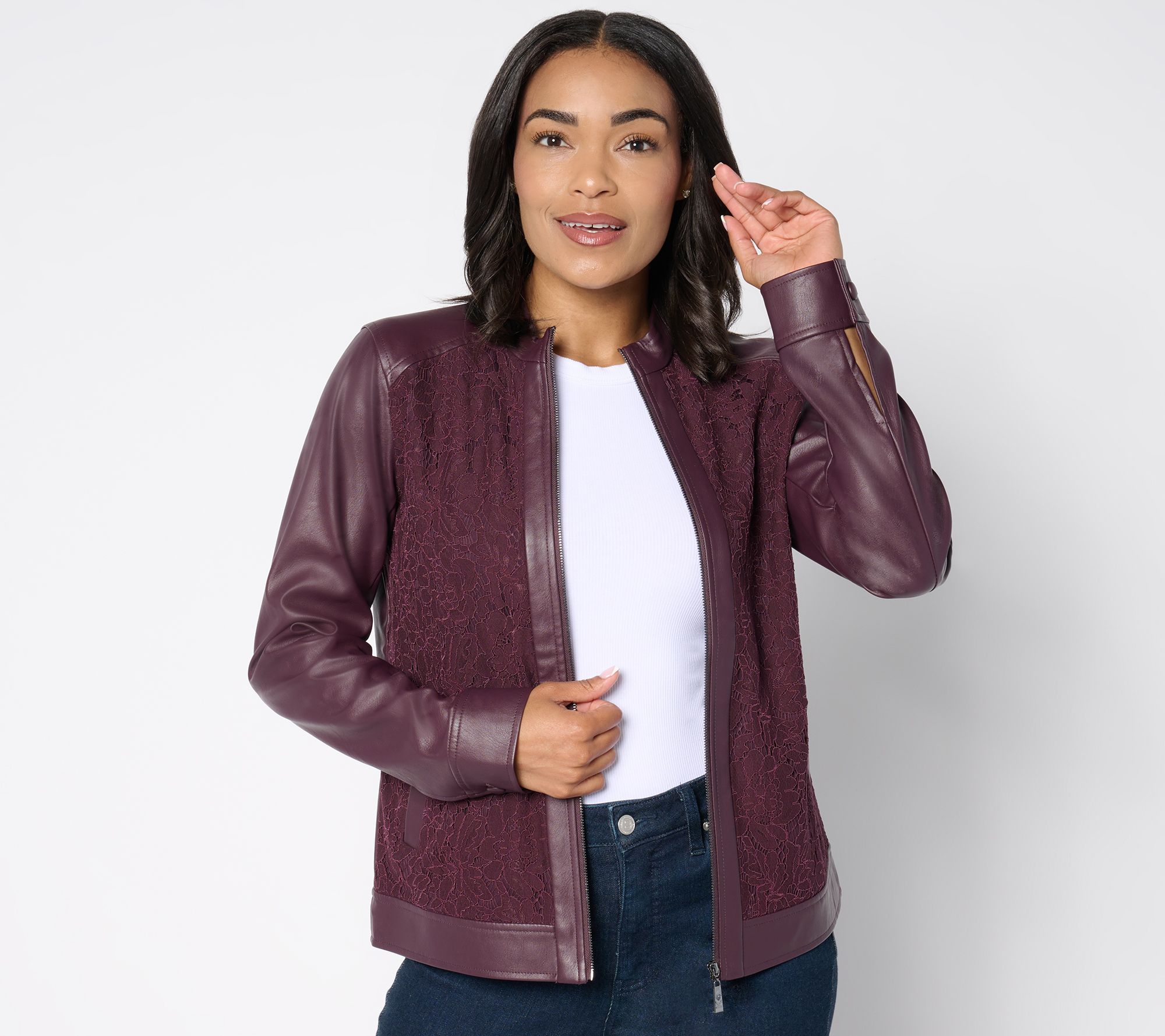 "As Is" Belle by Kim Gravel Faux Leather & Lace Zip Up Jacket
