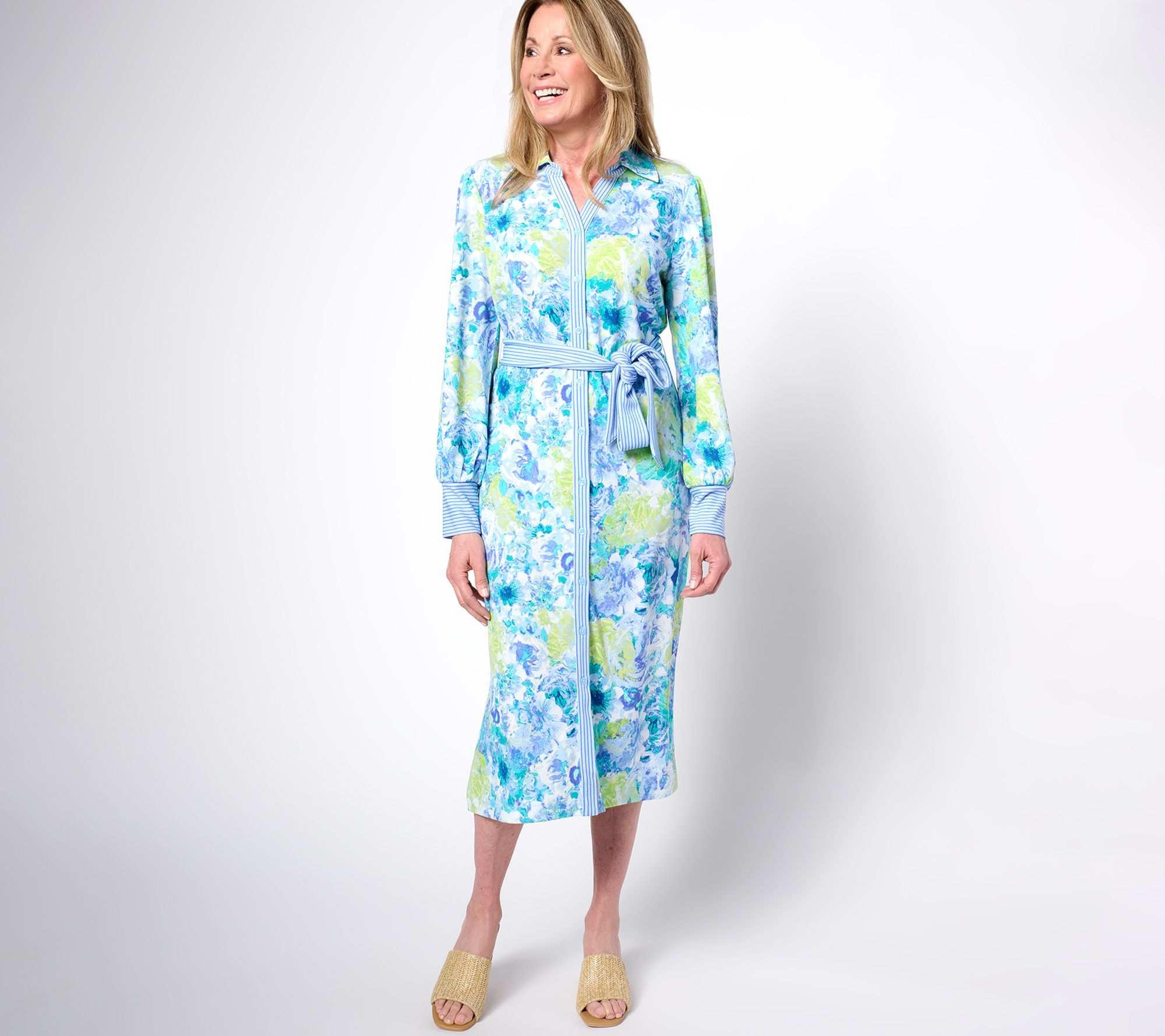 Isaac Mizrahi Live! Petite Pebblette Long Sleeve Midi Shirt Dress