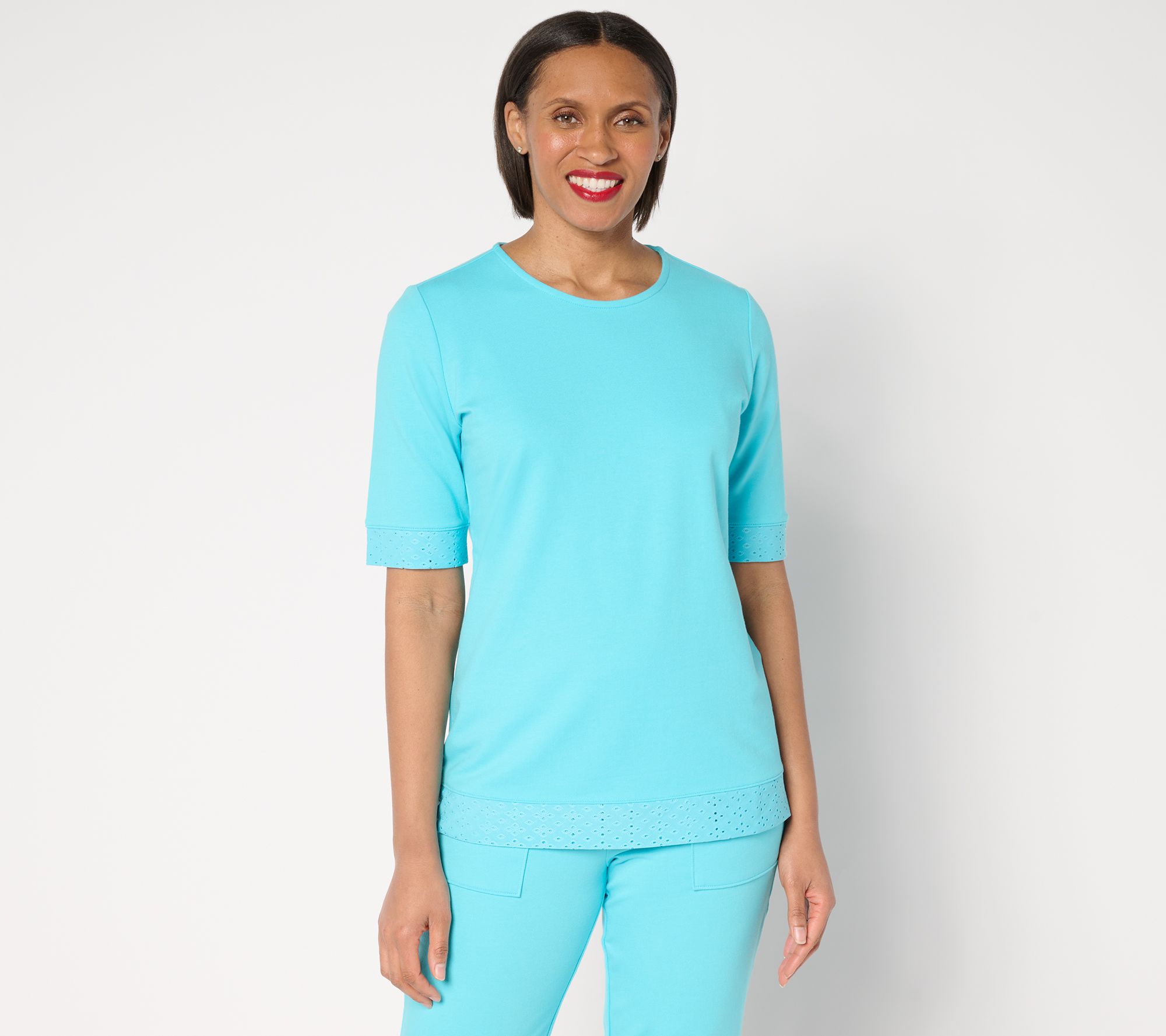  Sport Savvy Eyelet and French Terry Elbow Sleeve Top