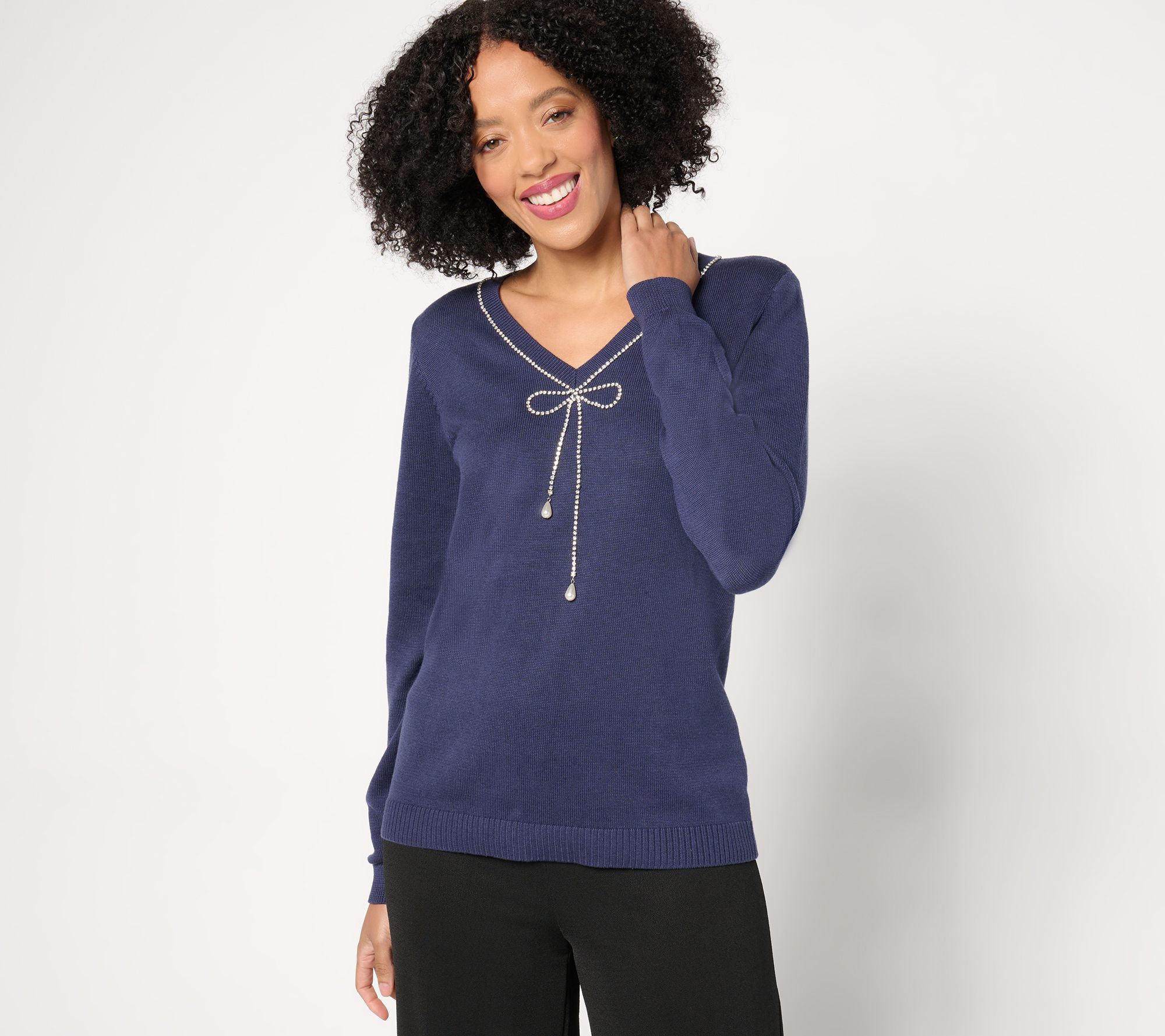 "As Is" Joan Rivers Red Carpet Soft Chic Sweater w/ Rhinetone Bow