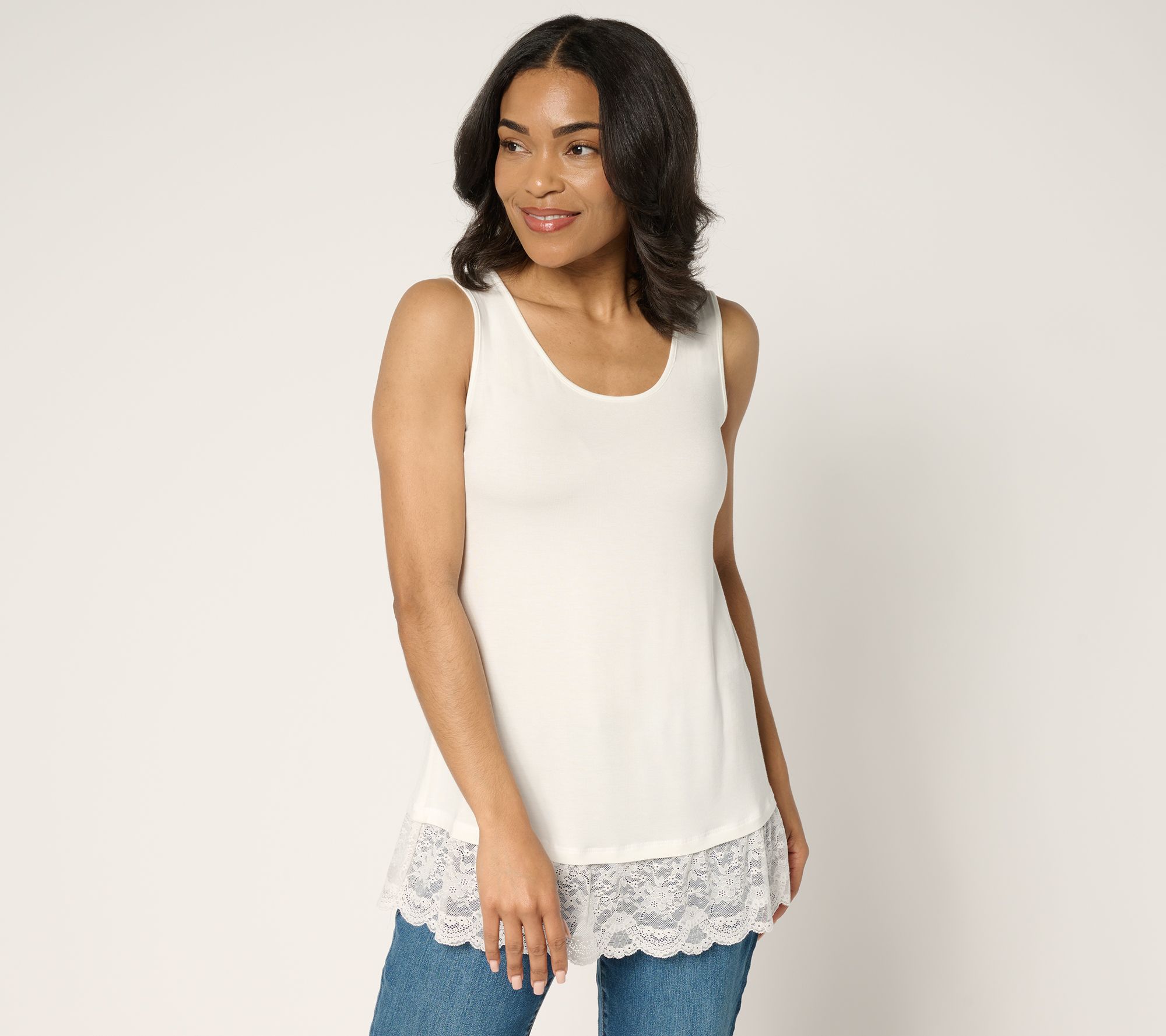 LOGO Layers by Lori Goldstein Knit Tank with Embroidered Mesh Hem