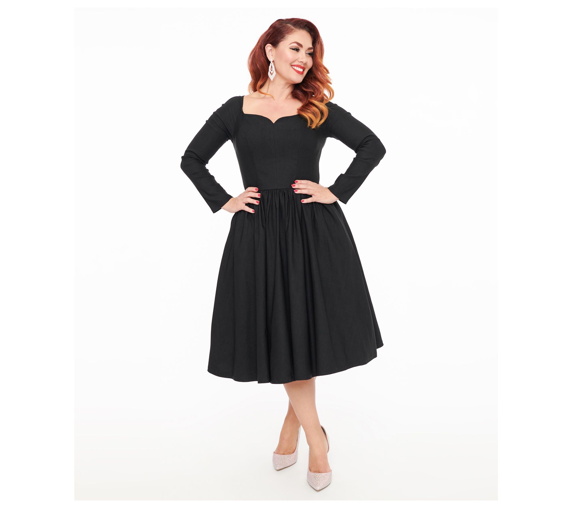 Unique Vintage 1950s Solid Black Sweetheart Swing Dress