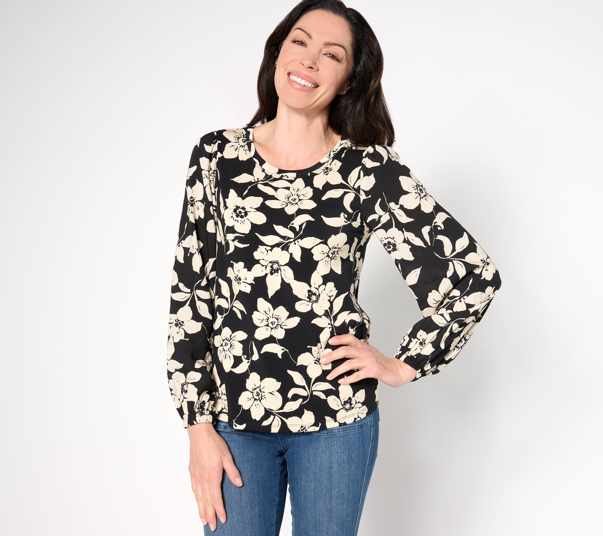 "As Is" AnyBody Cozy Knit Mixed Media Printed Blouse