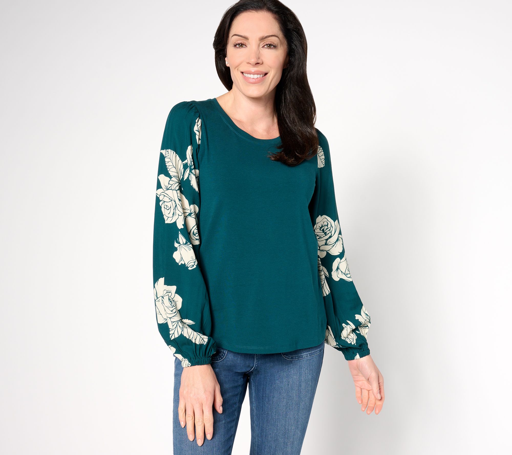 "As Is" AnyBody Cozy Knit Mixed Media Printed Blouse