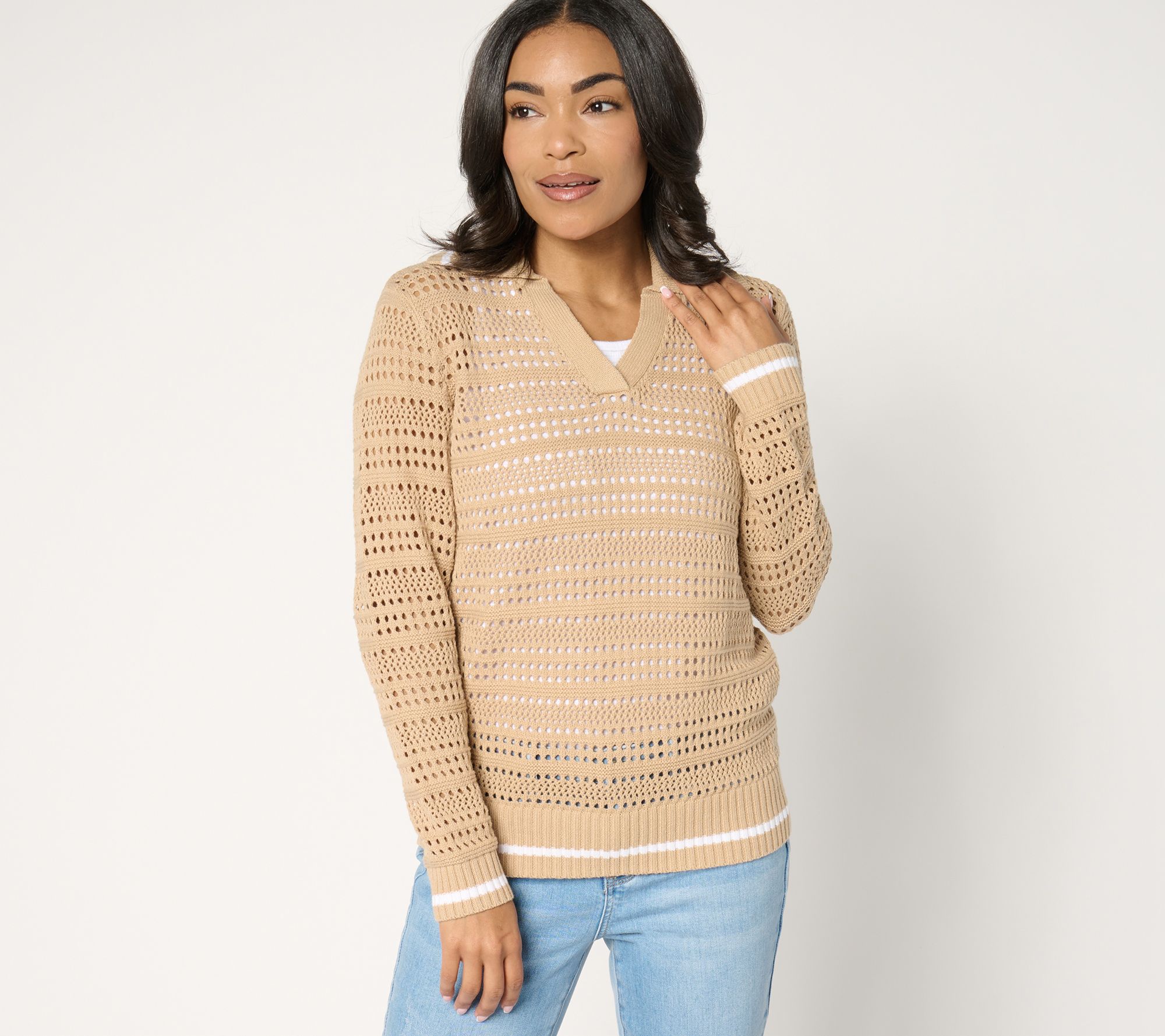 "As Is" Joan Rivers Collared Long Sleeve Open Stitch Sweater