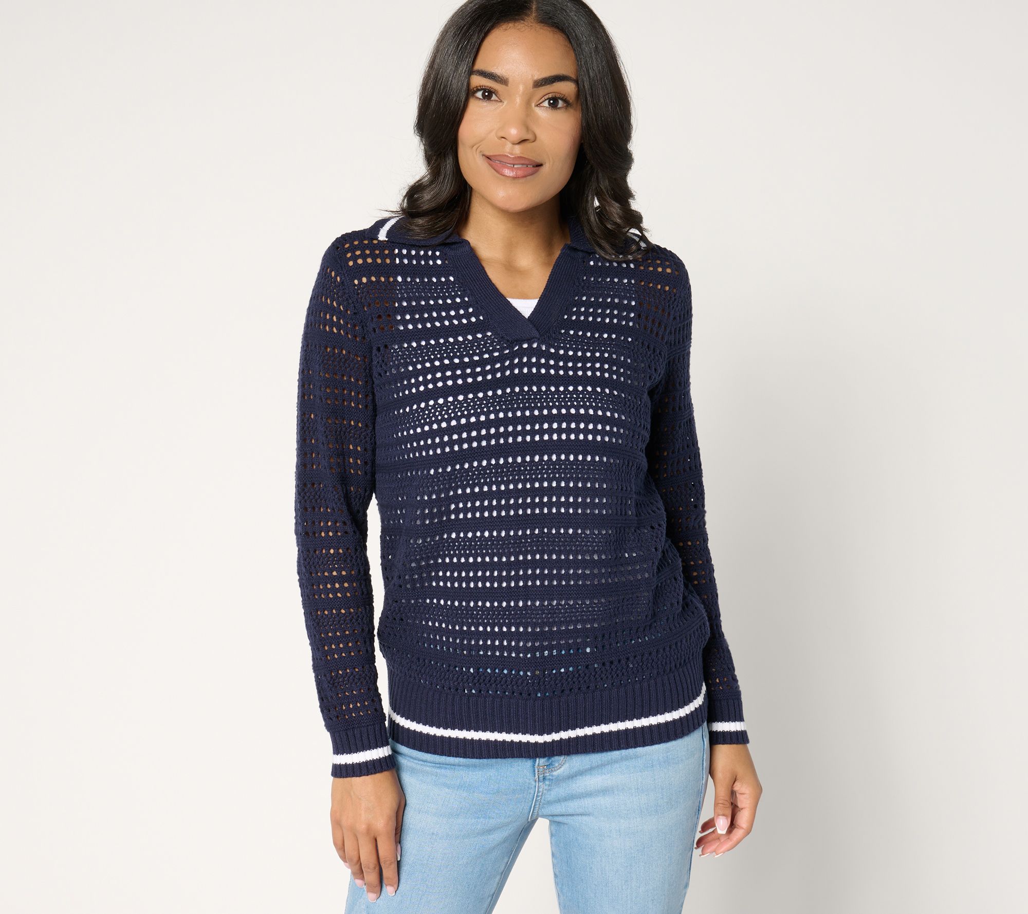 "As Is" Joan Rivers Collared Long Sleeve Open Stitch Sweater