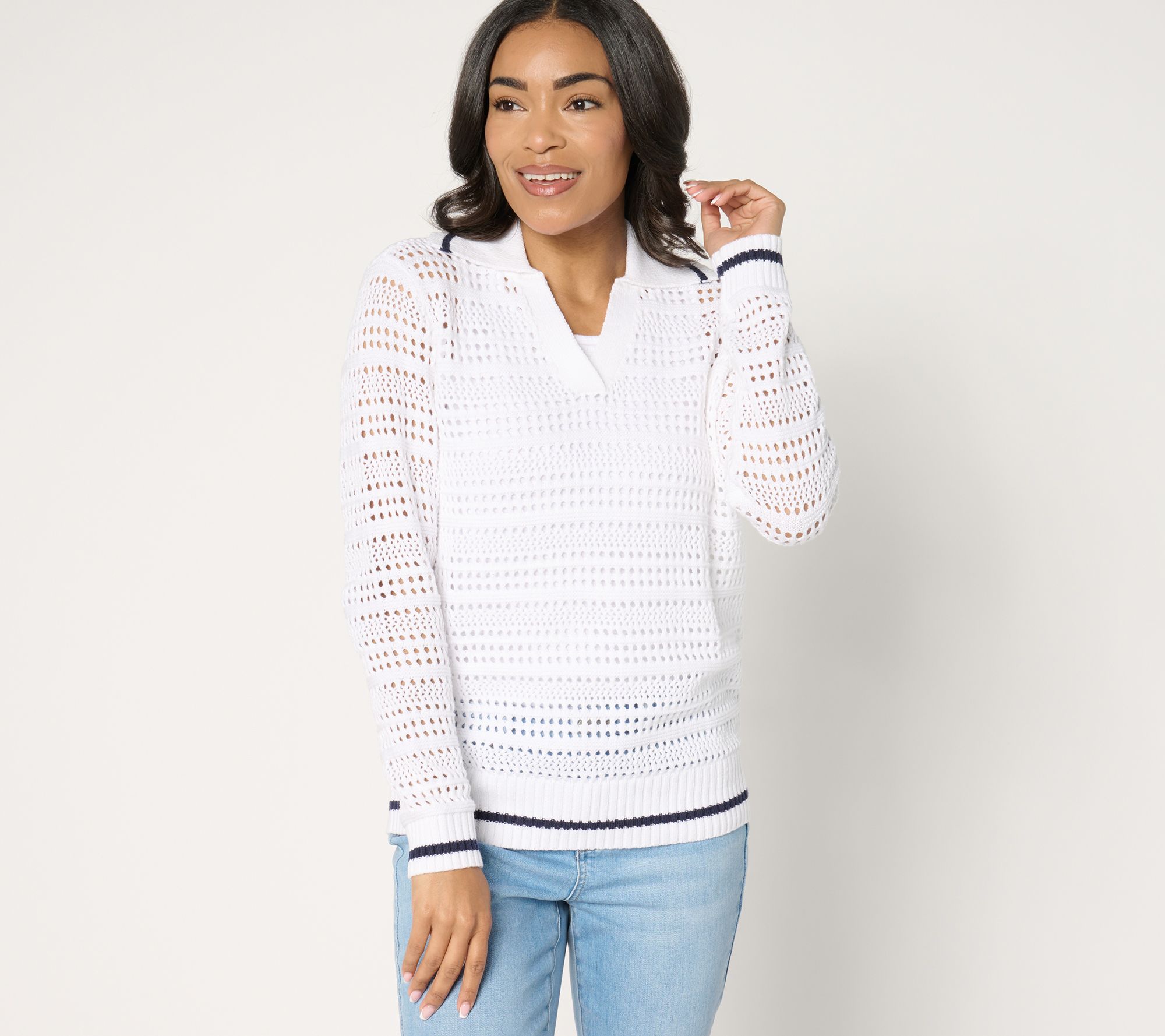 "As Is" Joan Rivers Collared Long Sleeve Open Stitch Sweater