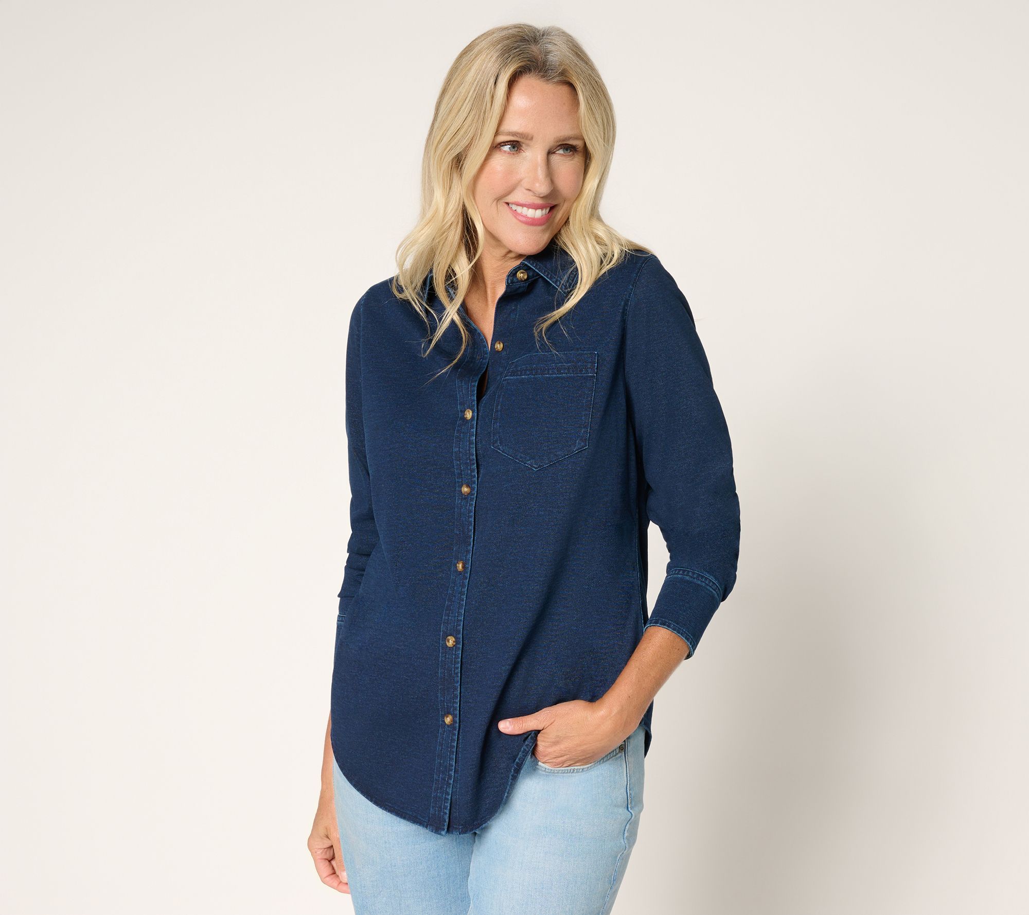 Ree by The Pioneer Woman Knit Denim Button Front Shirt
