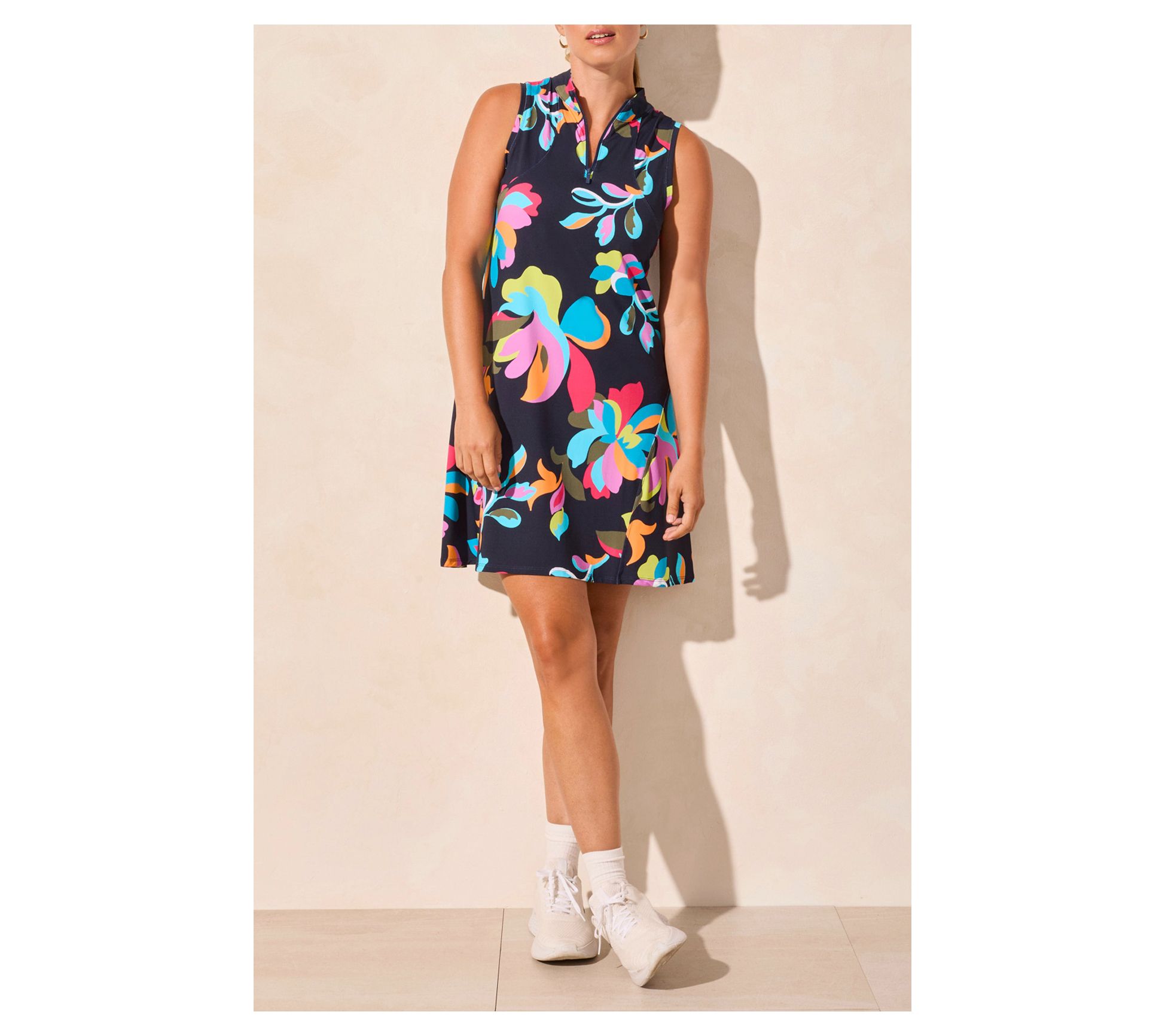 Tribal Textured Print Sleeveless Flare-Cut MockNeck Dress