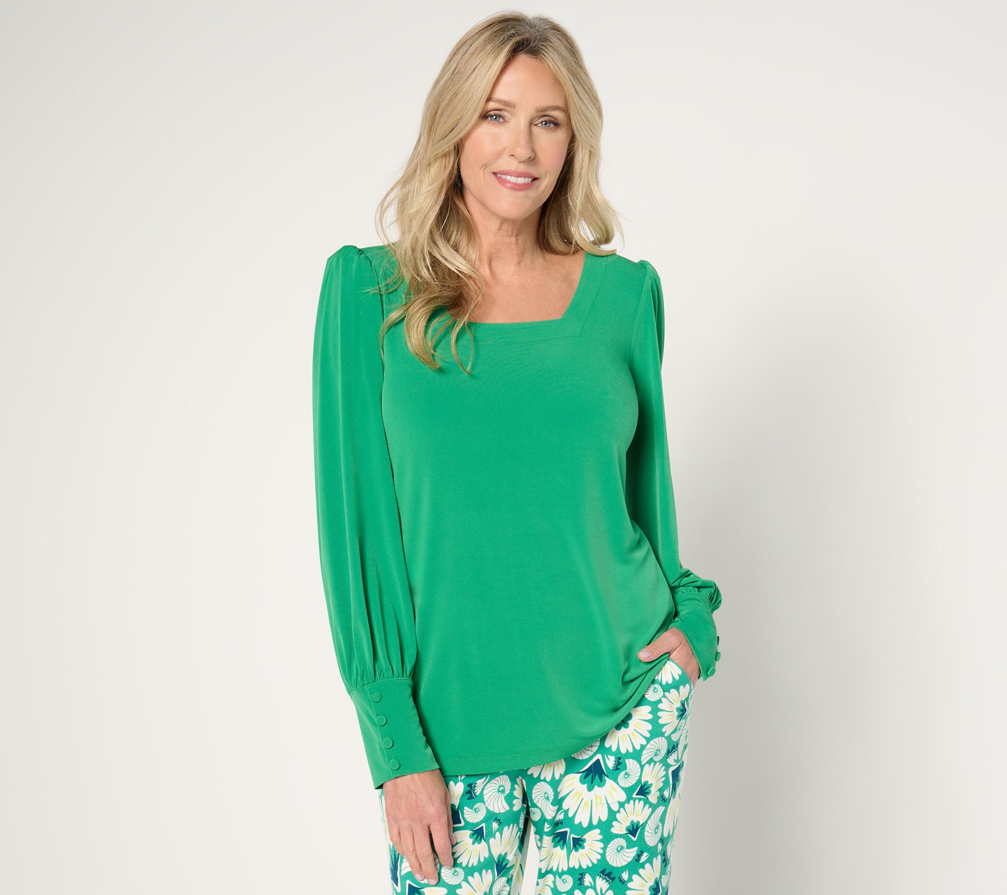 "As Is" Susan Graver Liquid Knit Blouson- Sleeve Top with Button Cuff