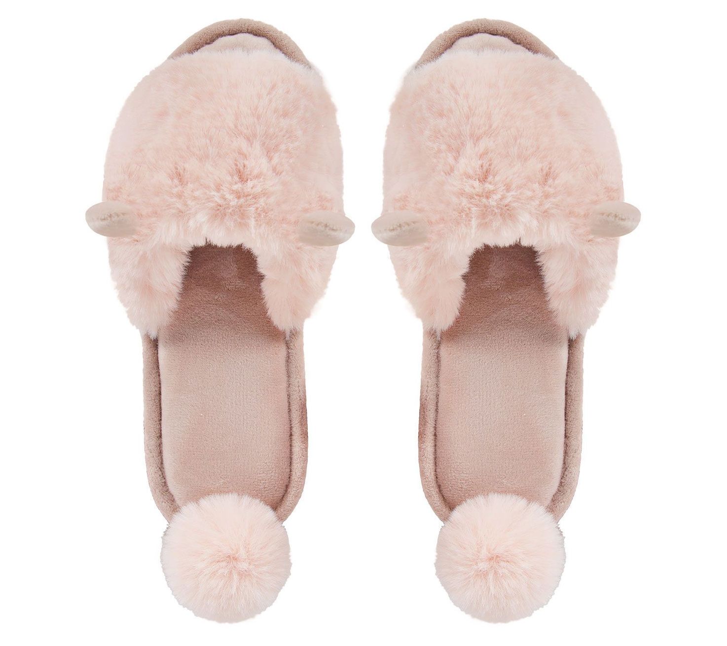 Memoi Bunny Hop Pom-Pom Open Toe Plush Slippers