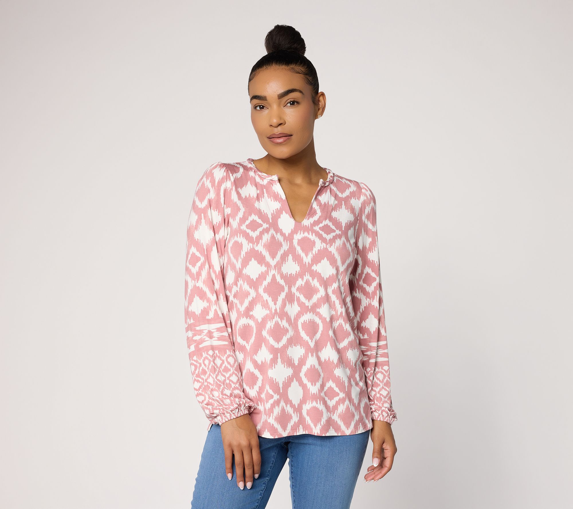  Belle by Kim Gravel Rayon Spandex Dyed Geometry Split Neck Top