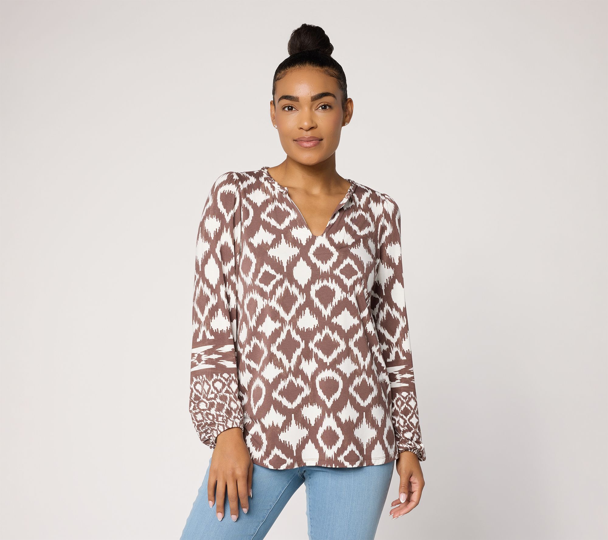 Belle by Kim Gravel Rayon Spandex Dyed Geometry Split Neck Top