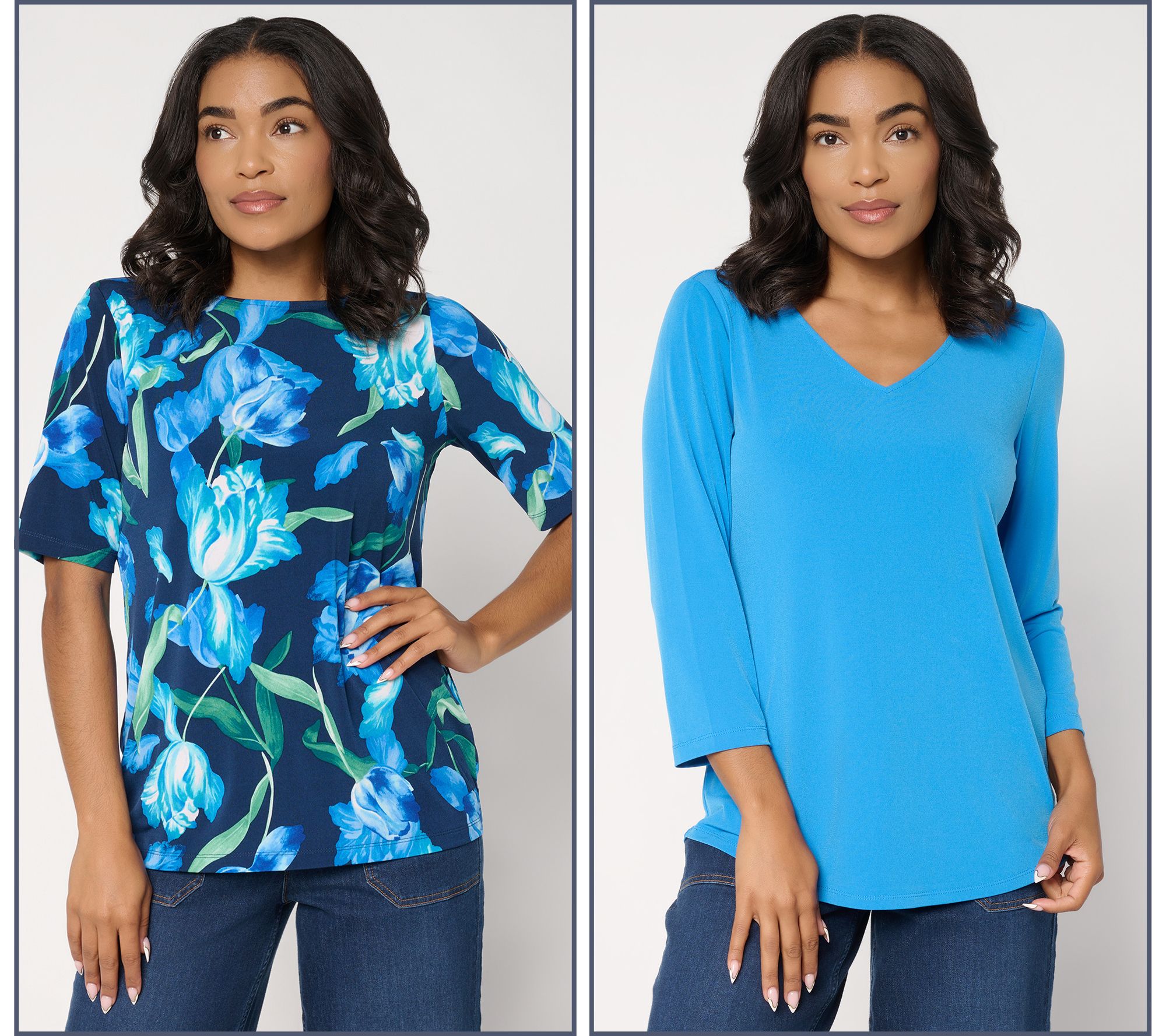 Susan Graver Set of 2 Print & Solid Liquid Knit Tops