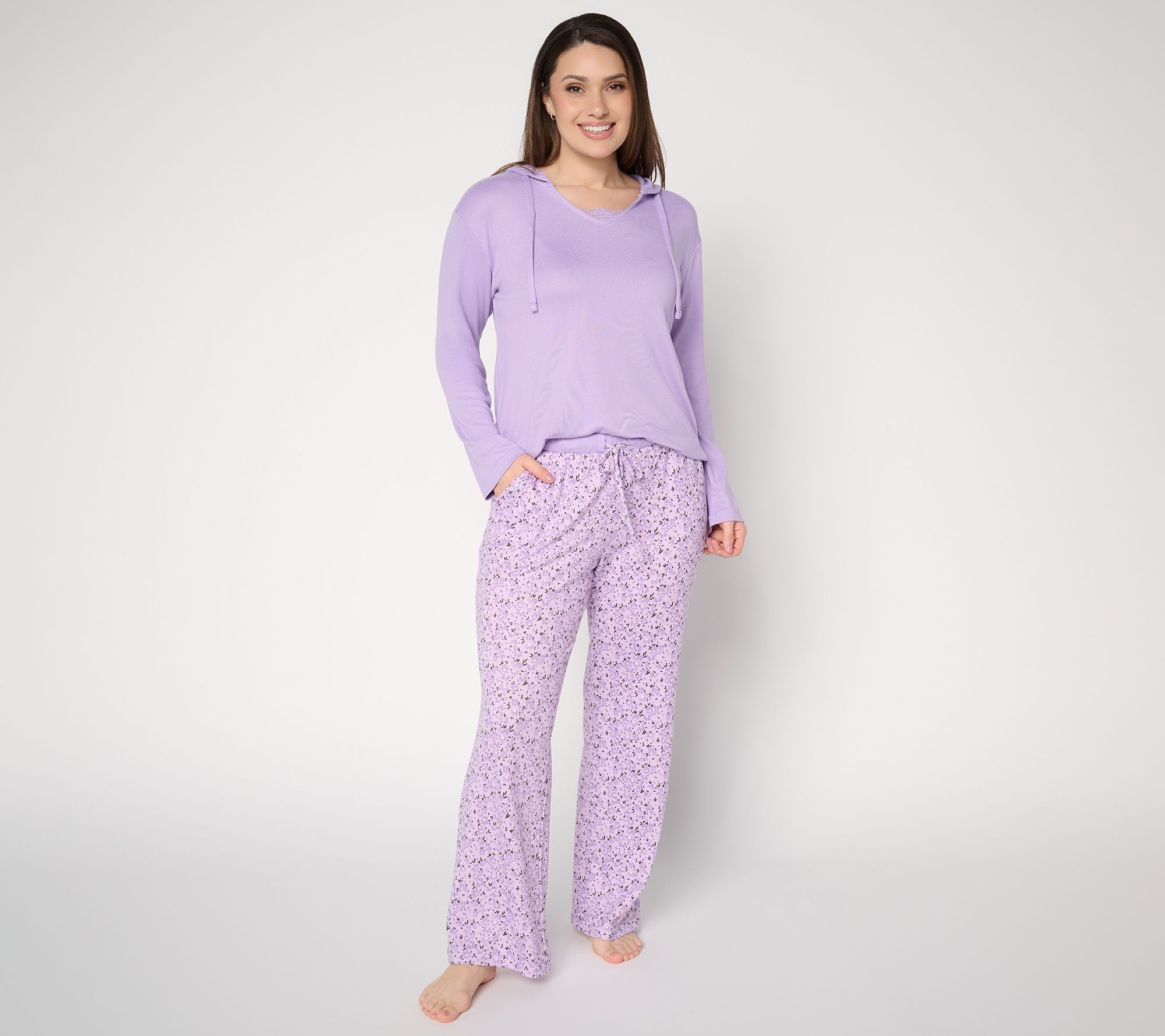 MUK LUKS Long Sleeve Hooded Lace Neckline Pajama Set