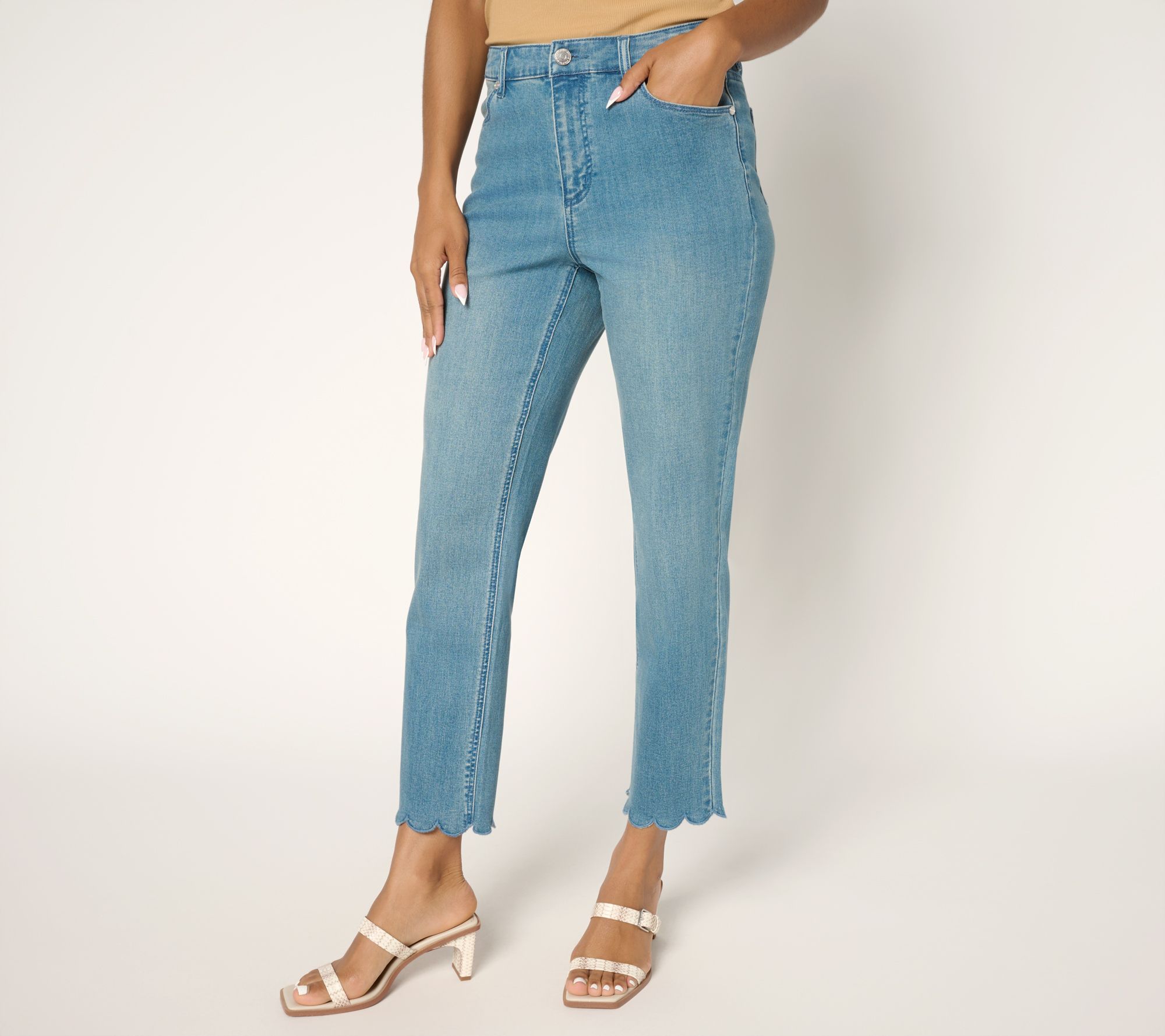 "As Is" Susan Graver Petite Stretch Denim Scallop Hem Ankle Jean